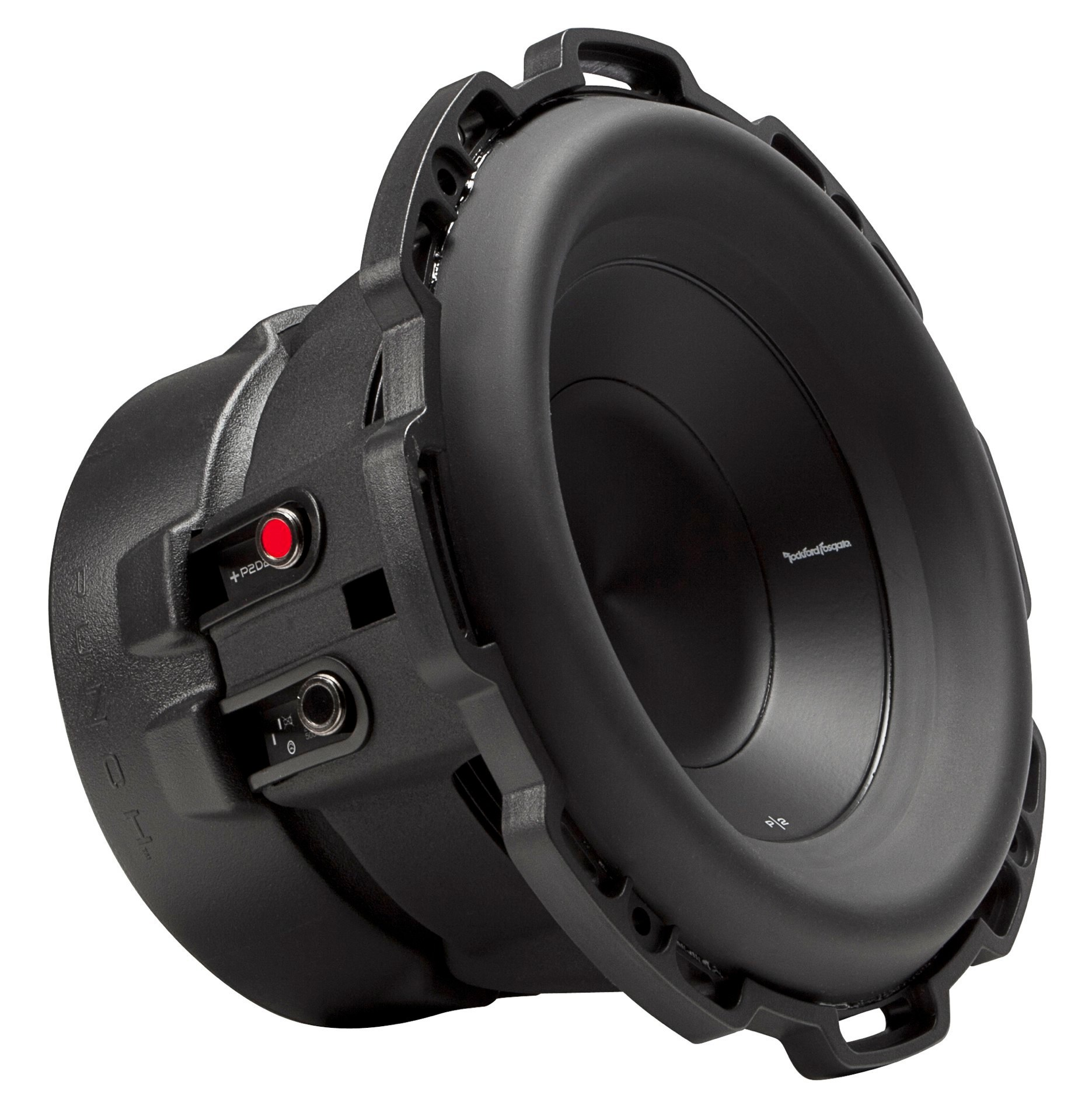 Schwarzer Subwoofer-Lautsprecher mit rotem Power-Licht.