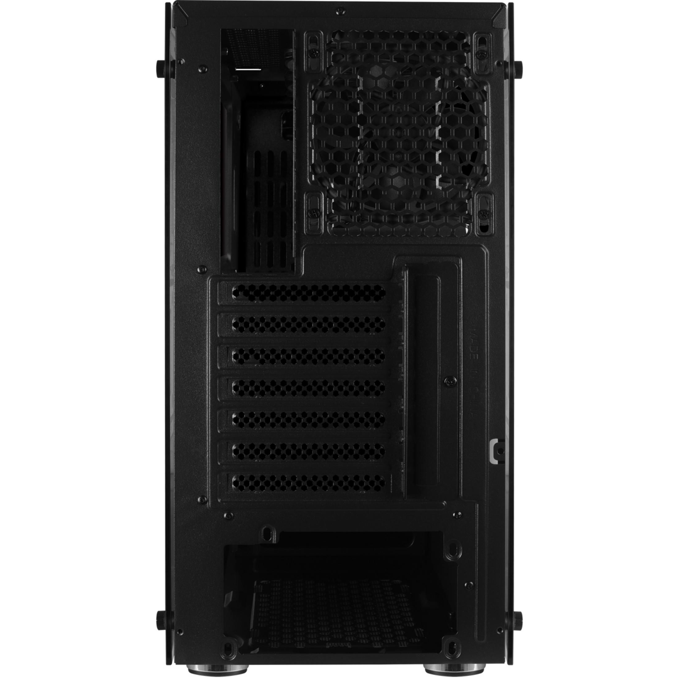 Widok z tyłu czarnej obudowy komputera z otworami wentylacyjnymi i widocznymi wycięciami na porty.
