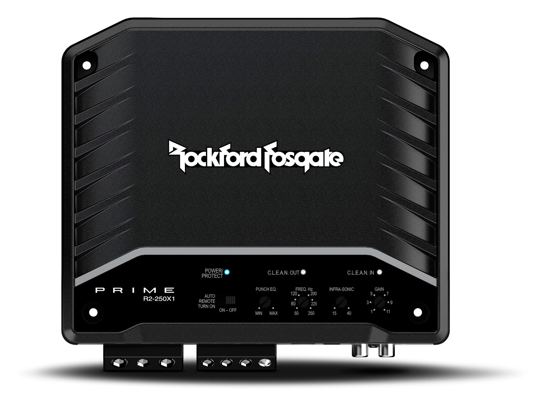Schwarzer Verstärker mit Rockford Fosgate Logo und Bedienfeld.