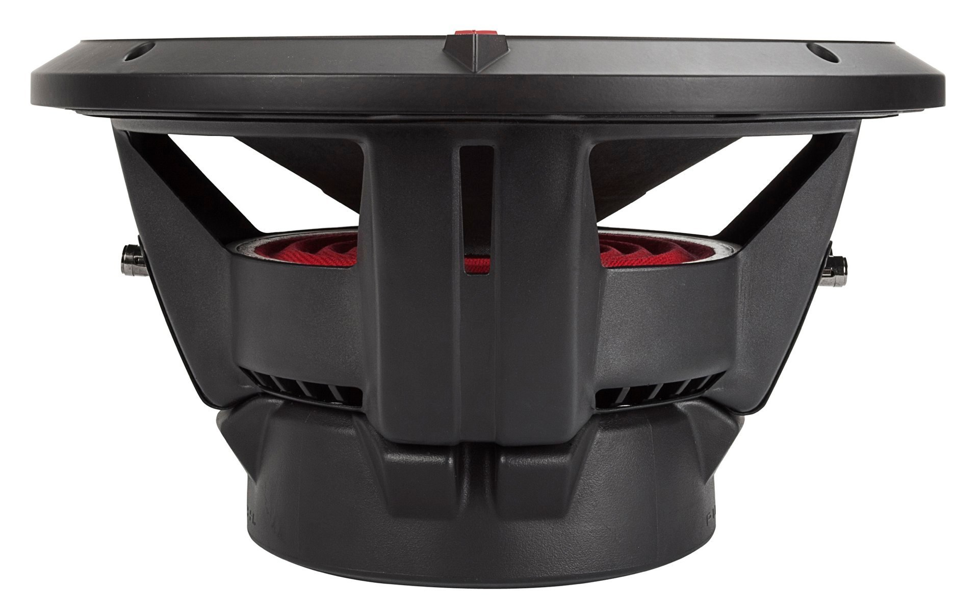 Ein schwarzer Subwoofer. Die Seitenansicht zeigt den Rahmen, den roten Lautsprecherkonus und eine schwarze Basis.