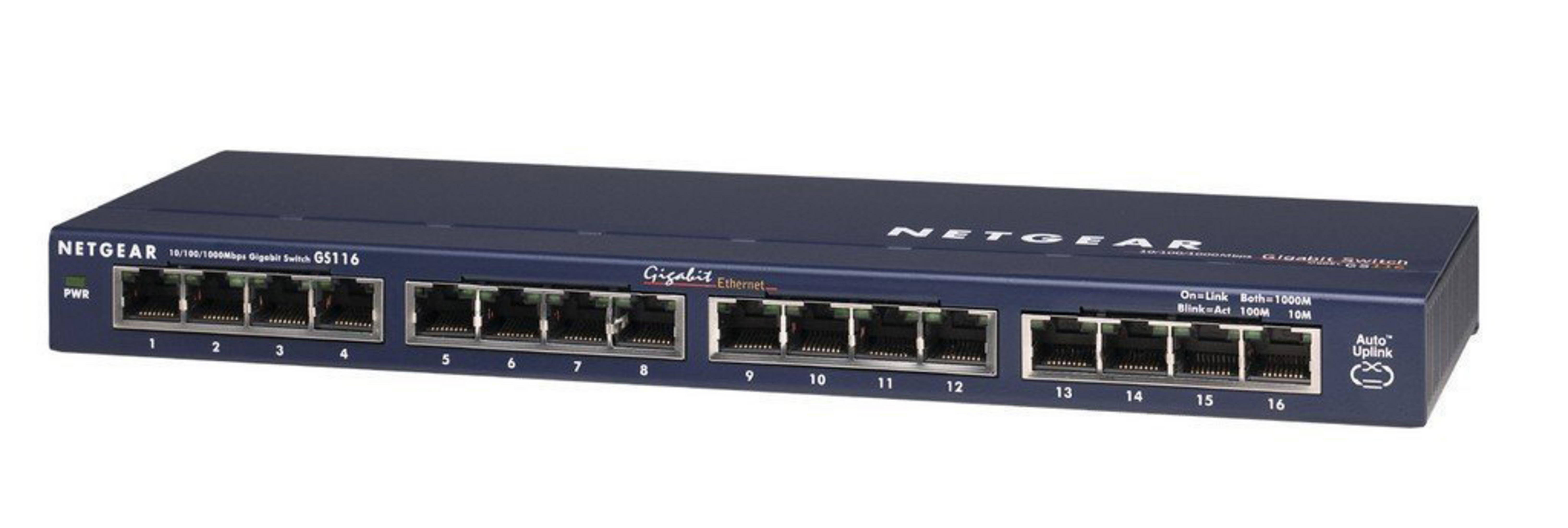 Uno switch Gigabit Netgear con 16 porte. Lo switch è blu scuro e ha varie porte ed etichette.