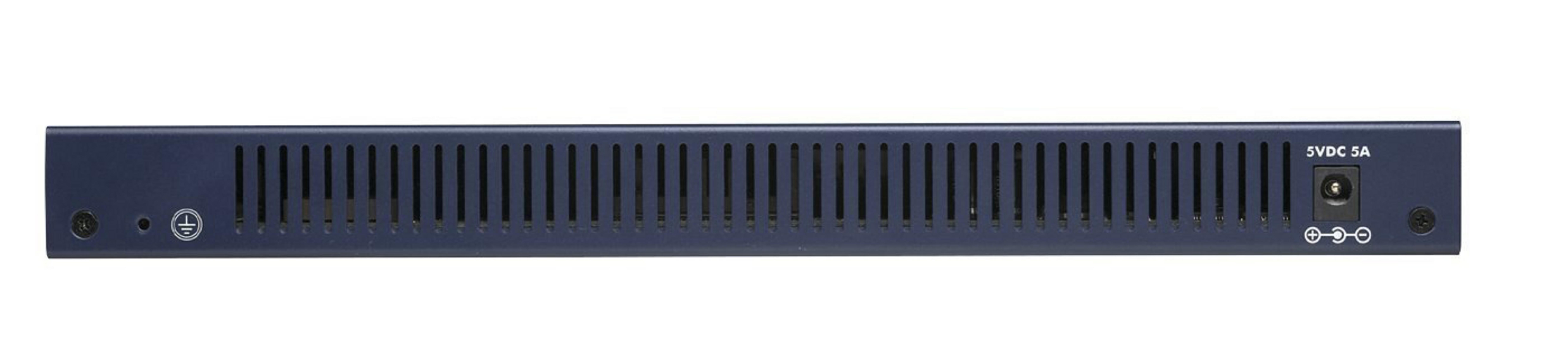 Switch di rete blu e nero con porte di connessione laterali.