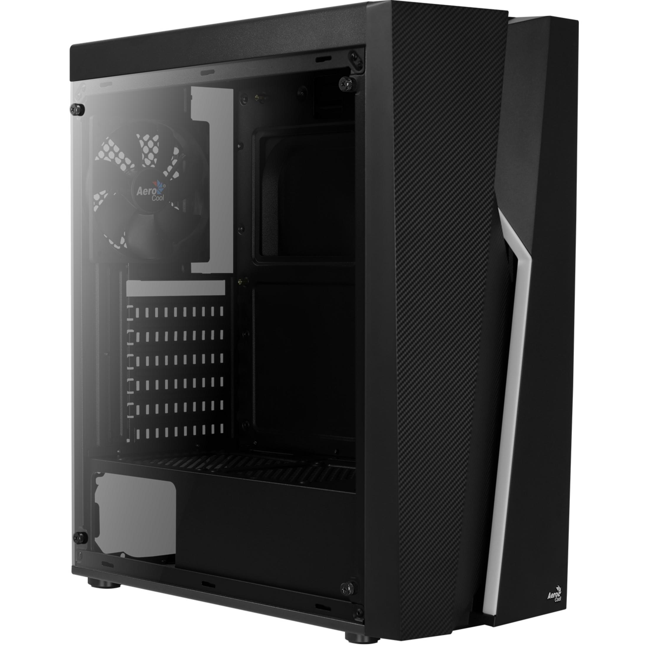 Black PC case with a transparent side panel and a fan visible inside.