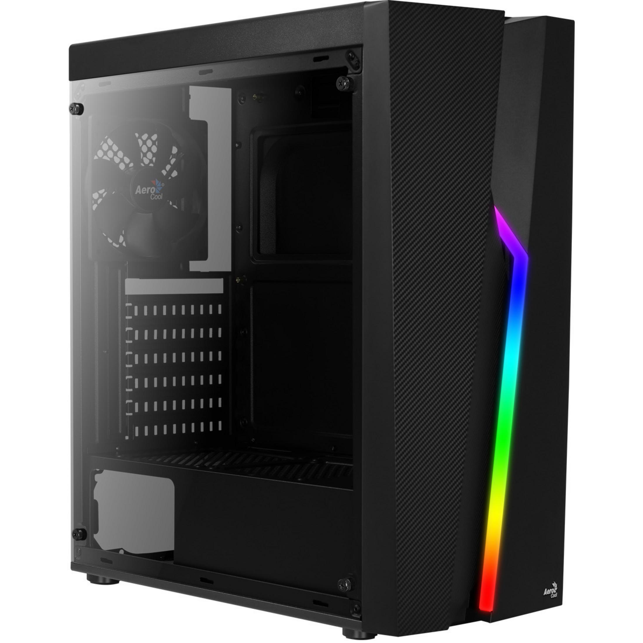 Black PC case with clear side panel. Rainbow light strip on the side. Fan visible inside.