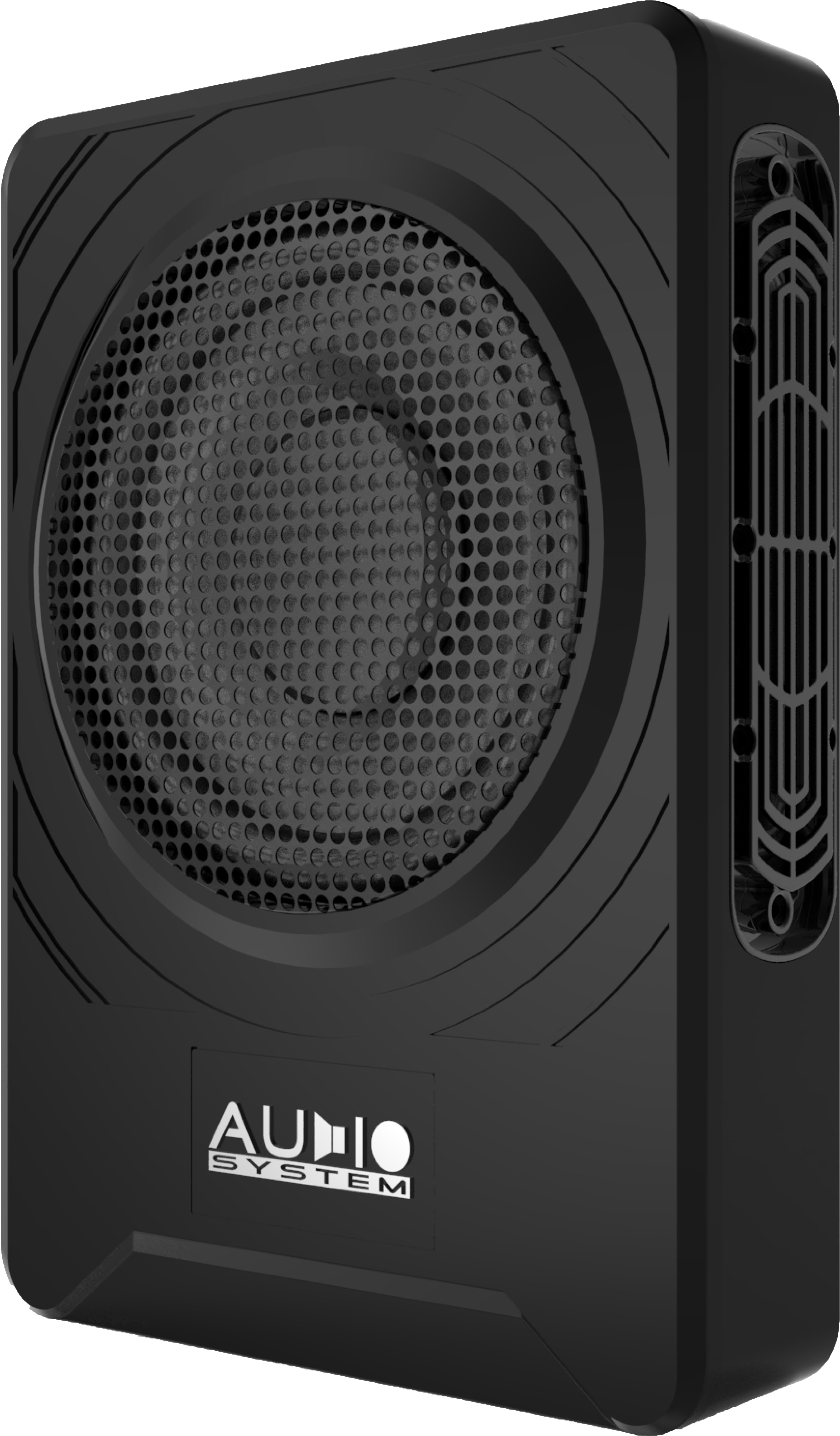 Schwarzer Subwoofer mit Mesh-Front. Das Audio System Logo ist sichtbar.