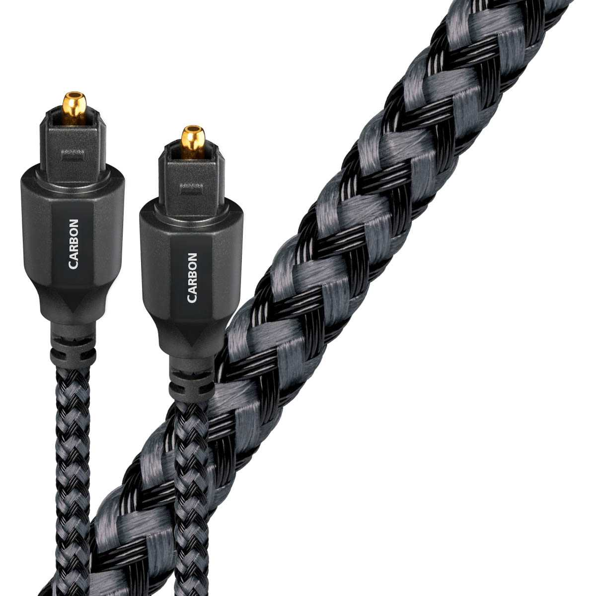 Zwei schwarze Audiokabel mit grau geflochtener Textur und goldenen Steckern auf weißem Hintergrund.