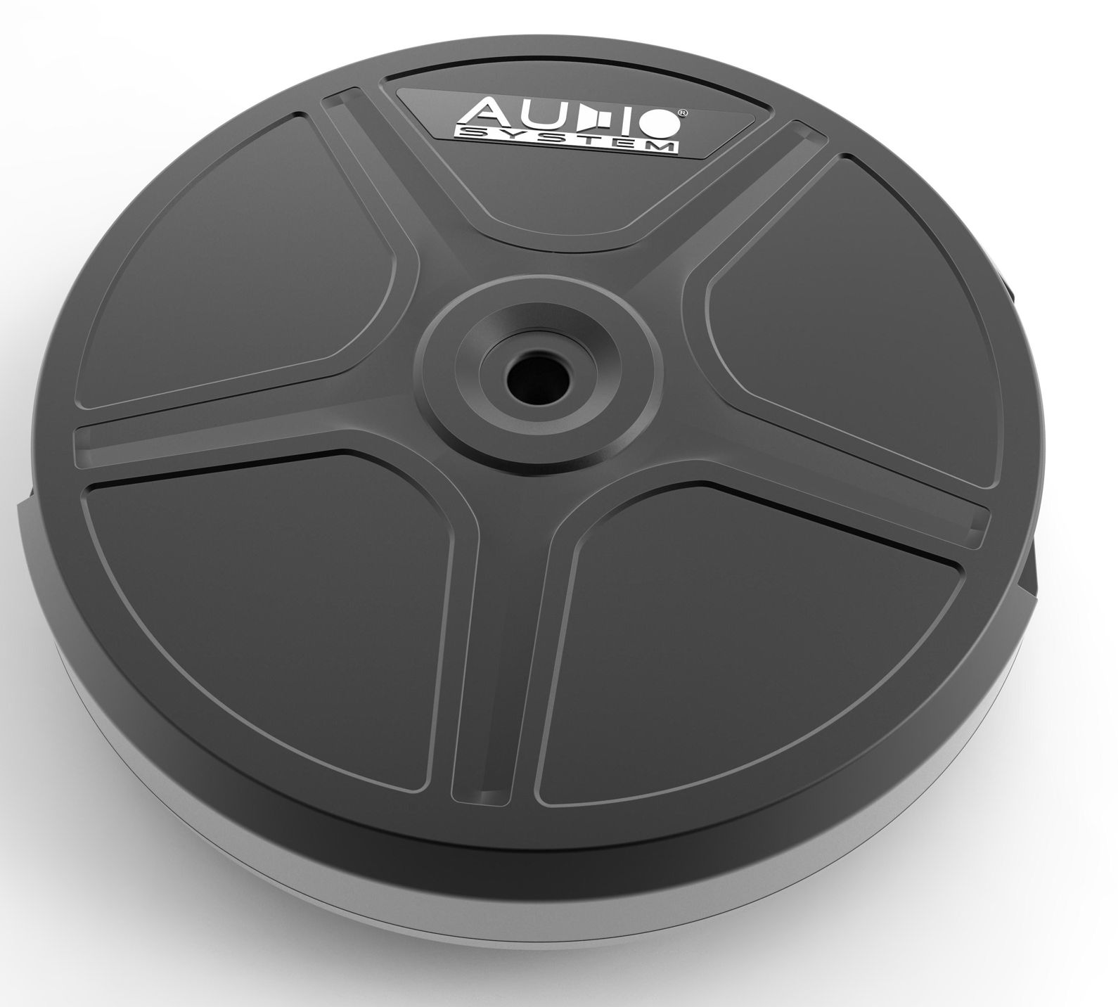 Schwarzes, rundes Subwoofer-Gehäuse. Die Oberseite hat Vertiefungen. Audio System Logo sichtbar.
