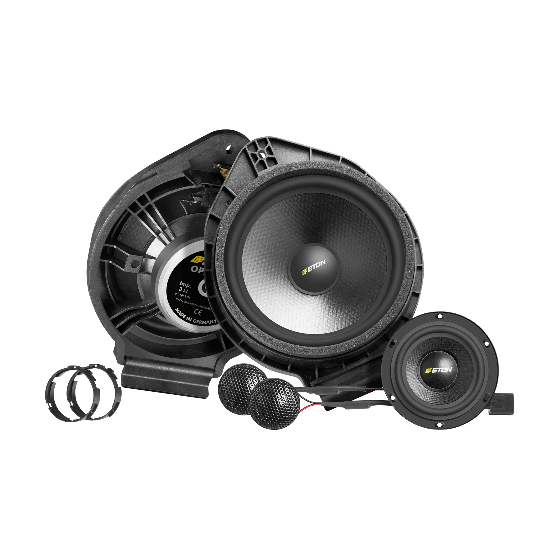 Ein Auto-Audiokomponenten-Set. Enthält zwei Lautsprecher, zwei Hochtöner und eine Frequenzweiche. Schwarz und grau.