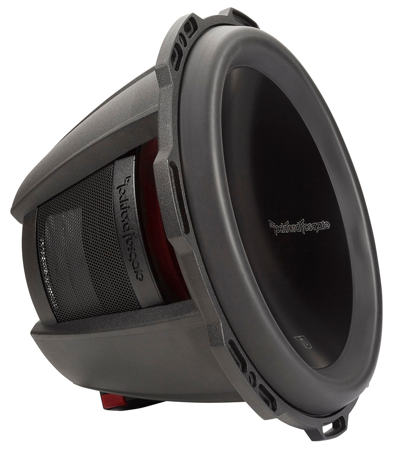 Ein schwarzer Subwoofer mit einem Gitter vorne und dem Rockford Fosgate Logo. Winkelansicht.