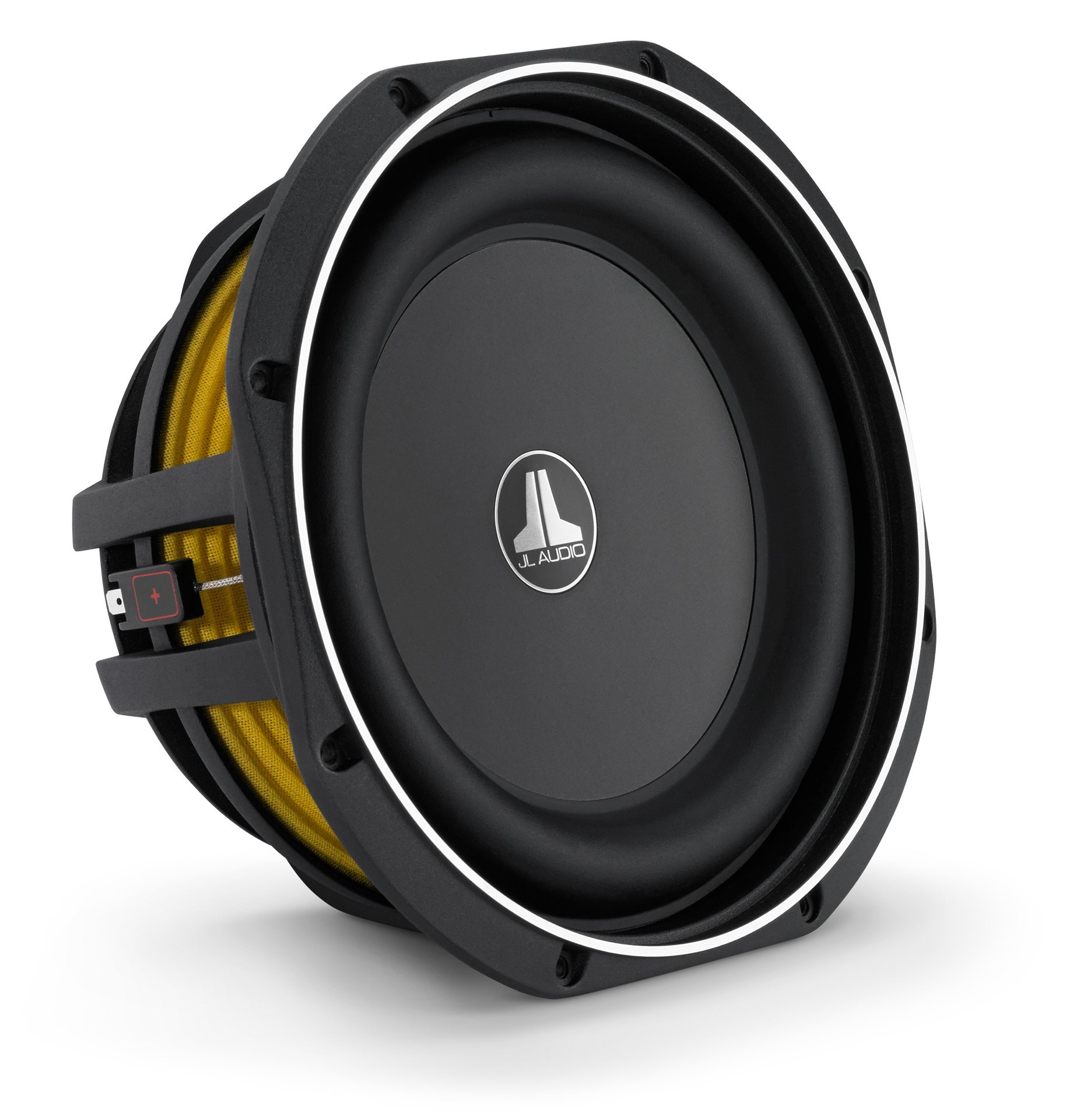 Schwarzer Subwoofer mit gelbem Lautsprecher. Der Lautsprecher steht vor weißem Hintergrund.