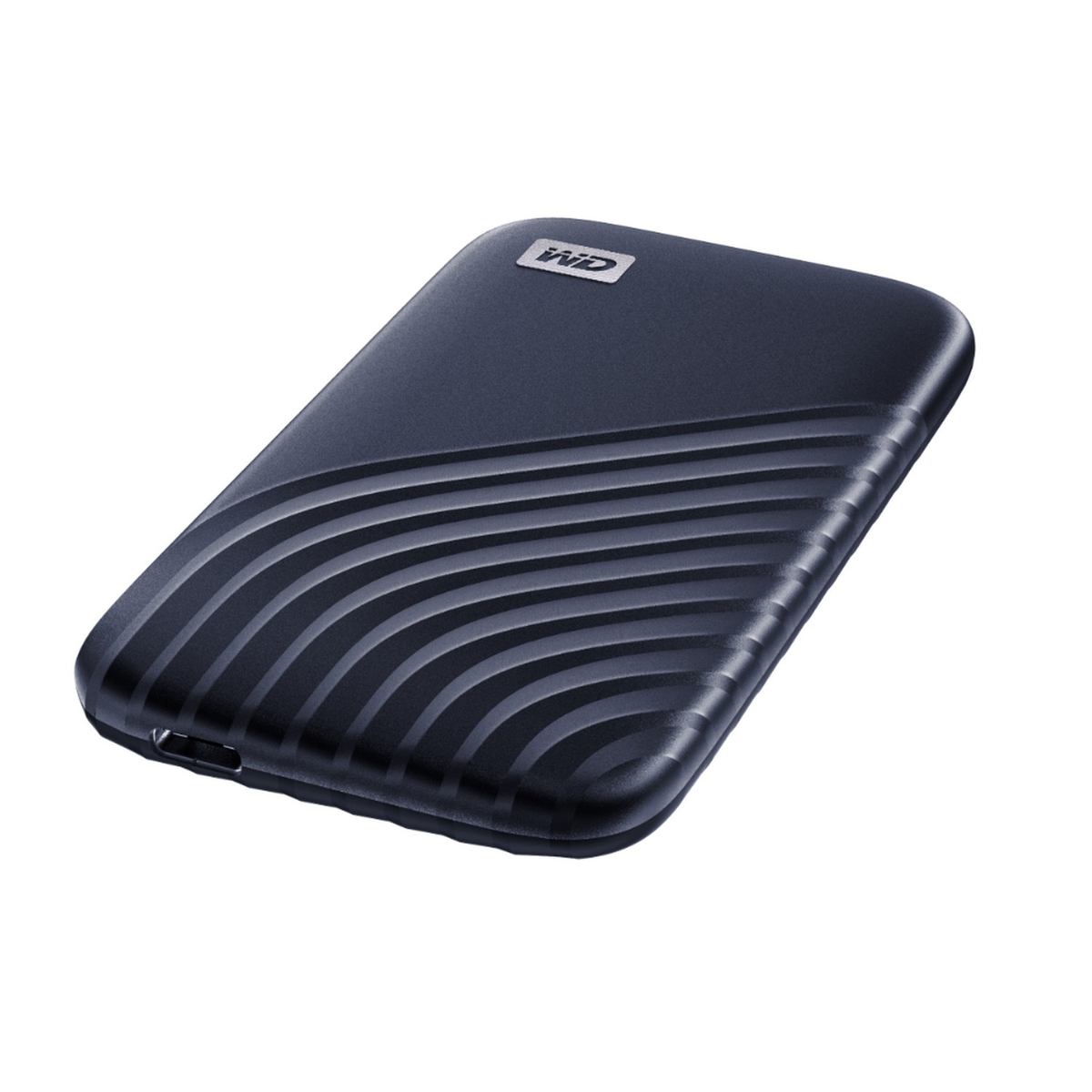 Czarny przenośny dysk twardy z teksturowaną powierzchnią, logo WD.