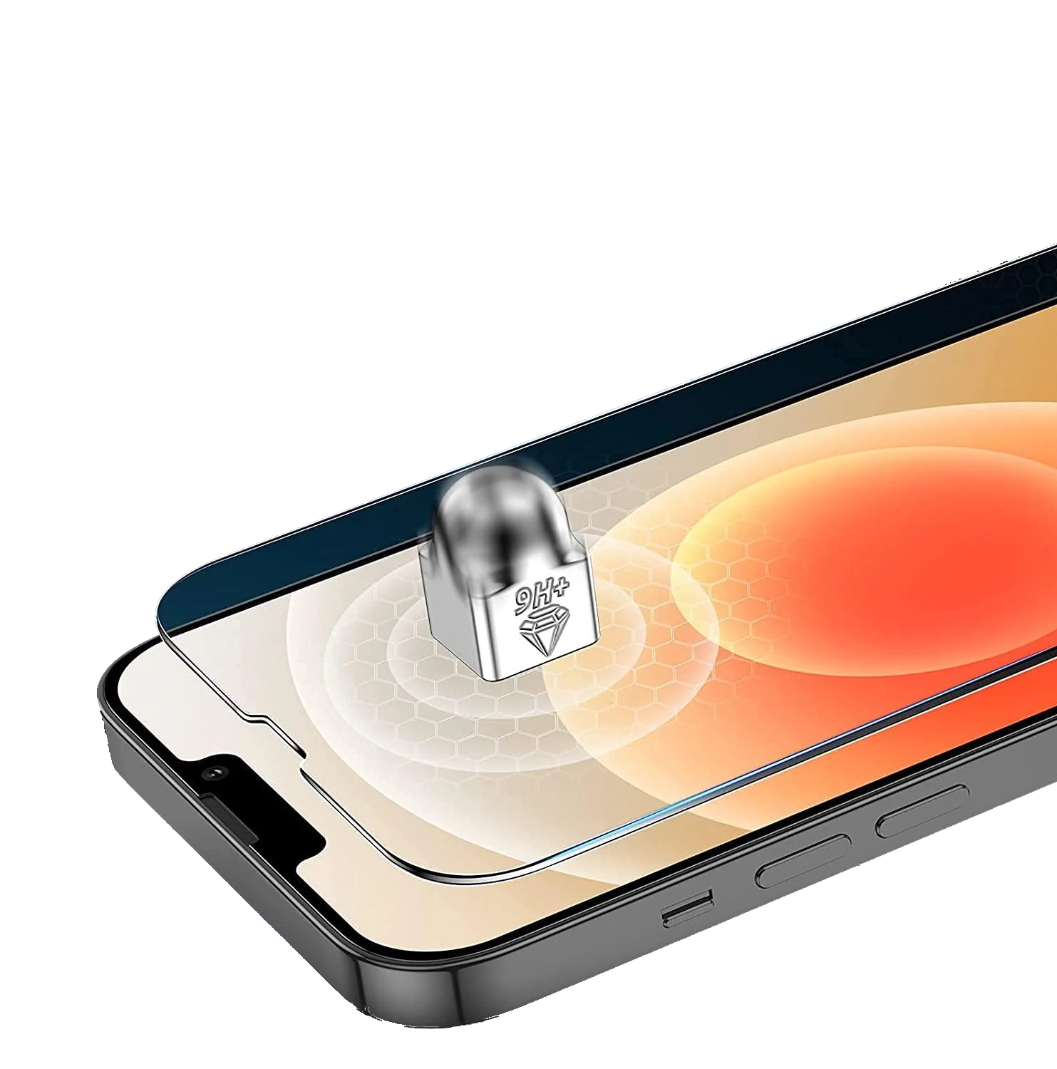 Ein Smartphone-Displayschutz wird installiert. Ein silbernes Metallobjekt oben, Telefon im Vordergrund.