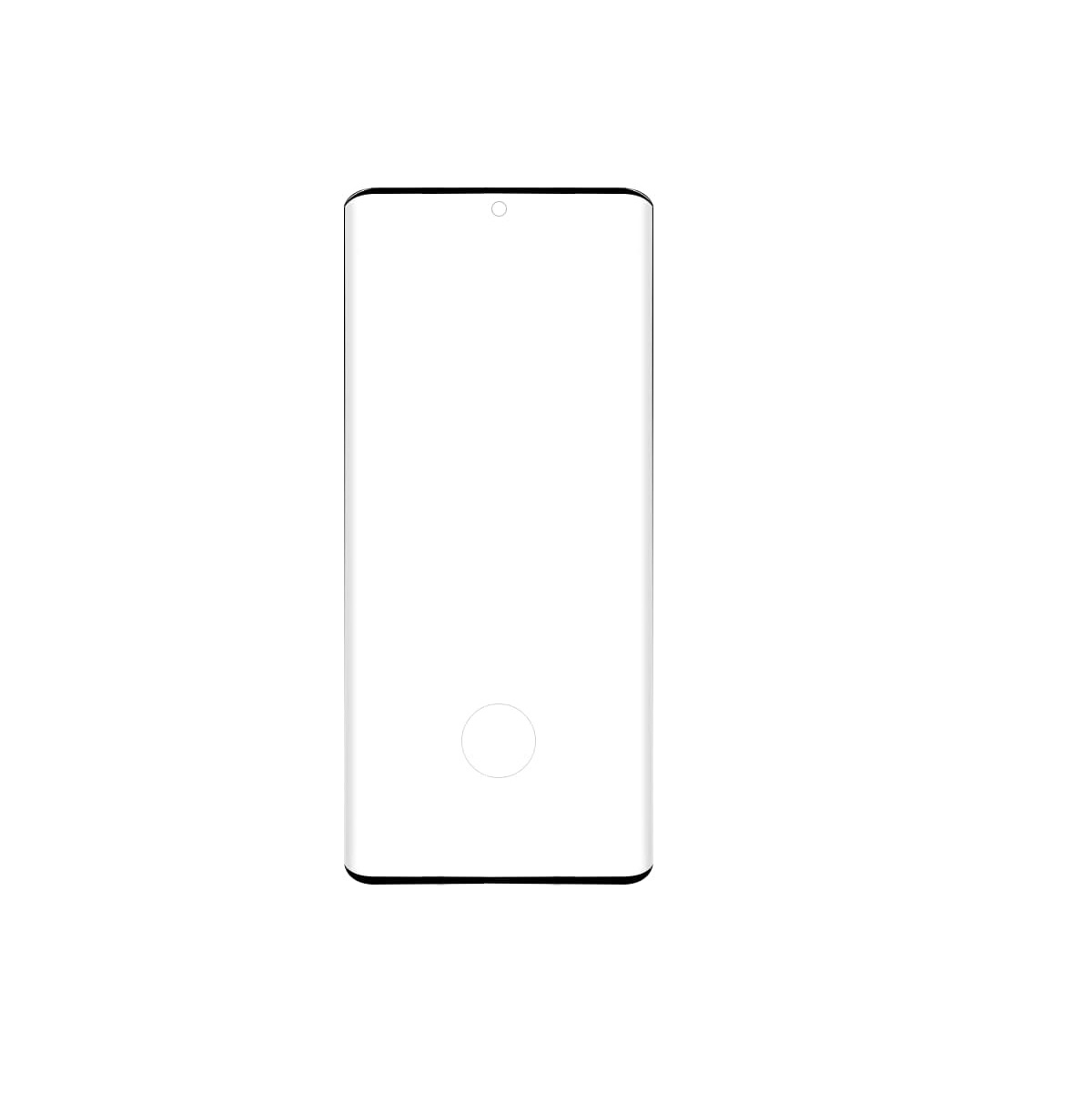 Weißes Smartphone, Vorderansicht. Der Bildschirm ist leer mit einer einzelnen Kamera. Der Hintergrund ist weiß.