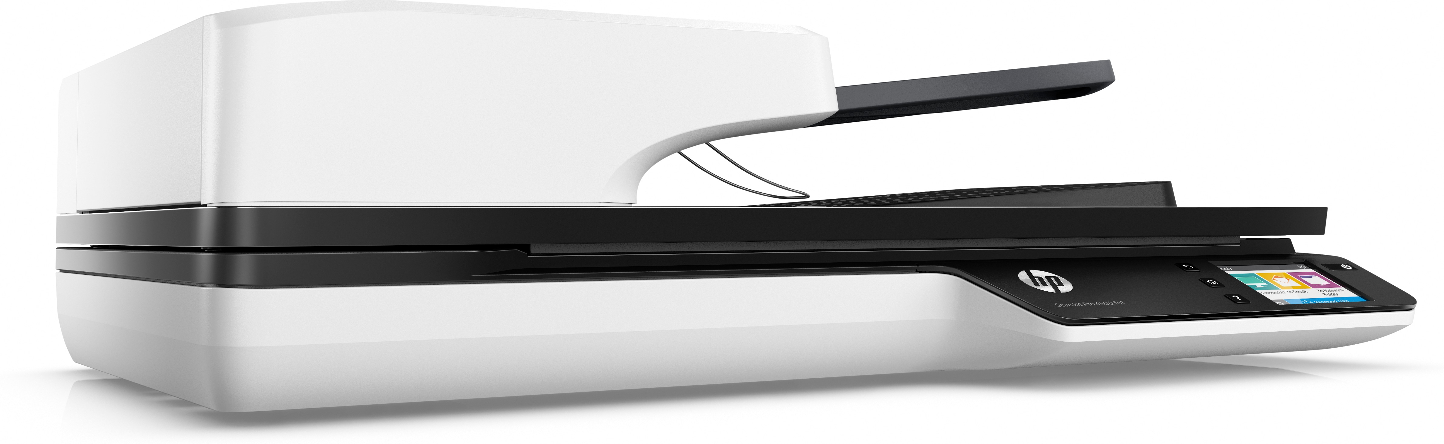 Scanner bianco e nero. Mostra documenti, con uno schermo a destra.