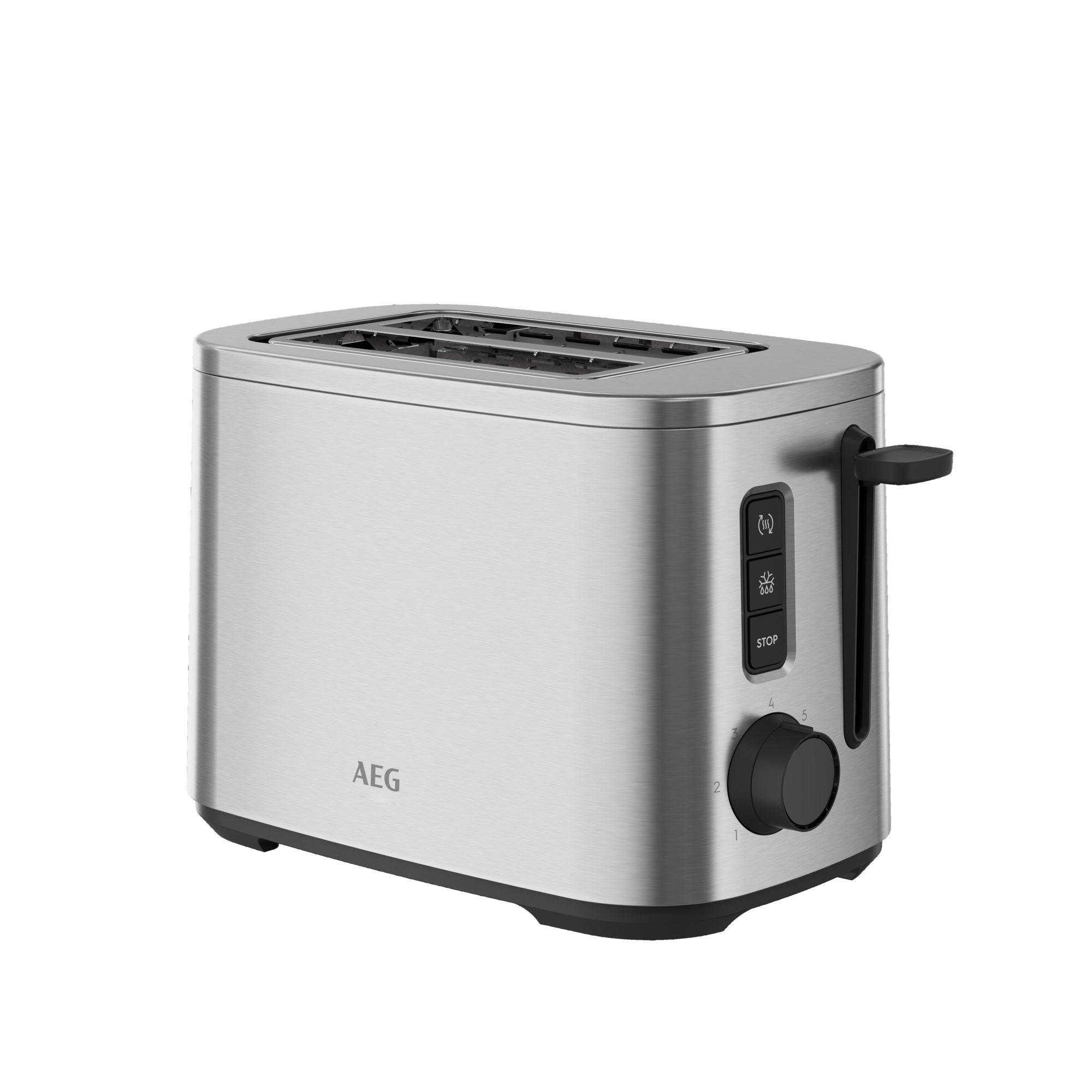 Ein silberner Toaster mit schwarzem Griff und Knöpfen. Auf schwarzem Hintergrund.