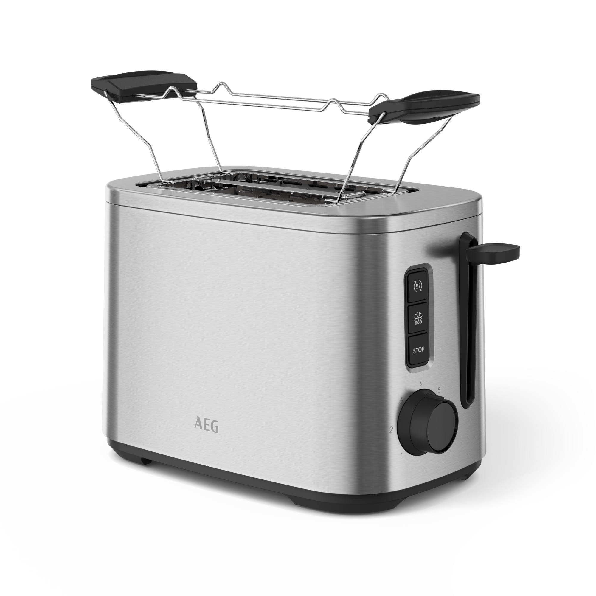 Silberner Toaster mit schwarzen Details, zwei Schlitzen, Hebel sind oben.