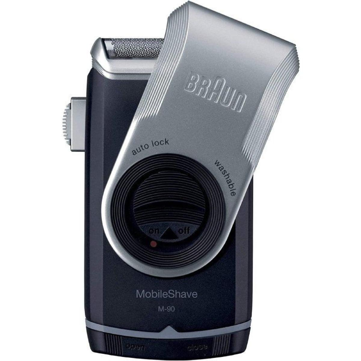 Braun MobileShave nero e argento. L'interruttore on/off e il blocco automatico sono visibili.