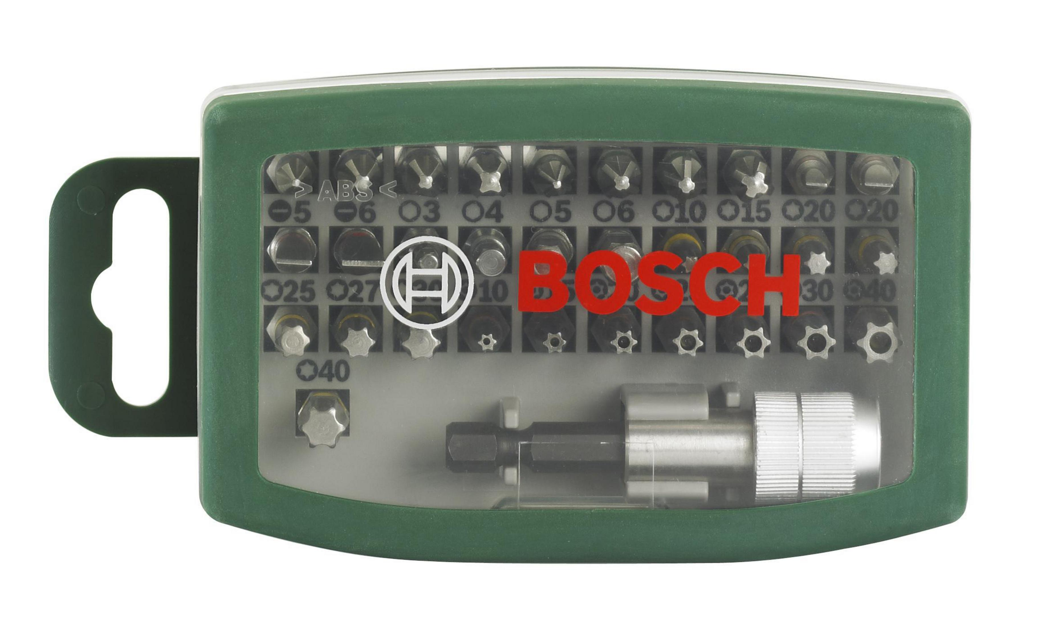 Grüner Koffer mit mehreren Schraubendreherbits und einem Bosch-Logo, auf weißem Hintergrund.