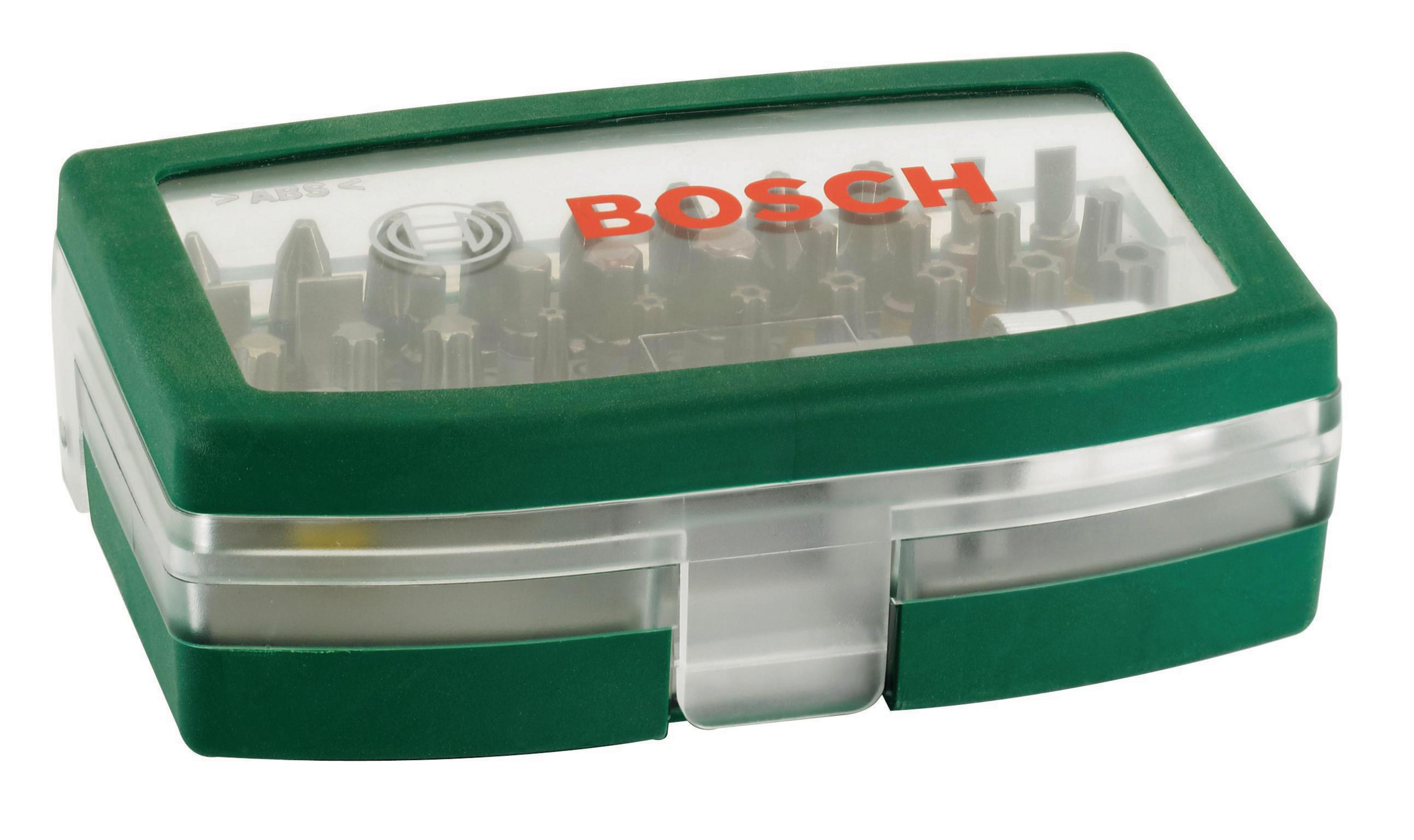 Grüne und transparente Bosch-Werkzeugbox mit verschiedenen Bits. Der Markenname Bosch ist rot.