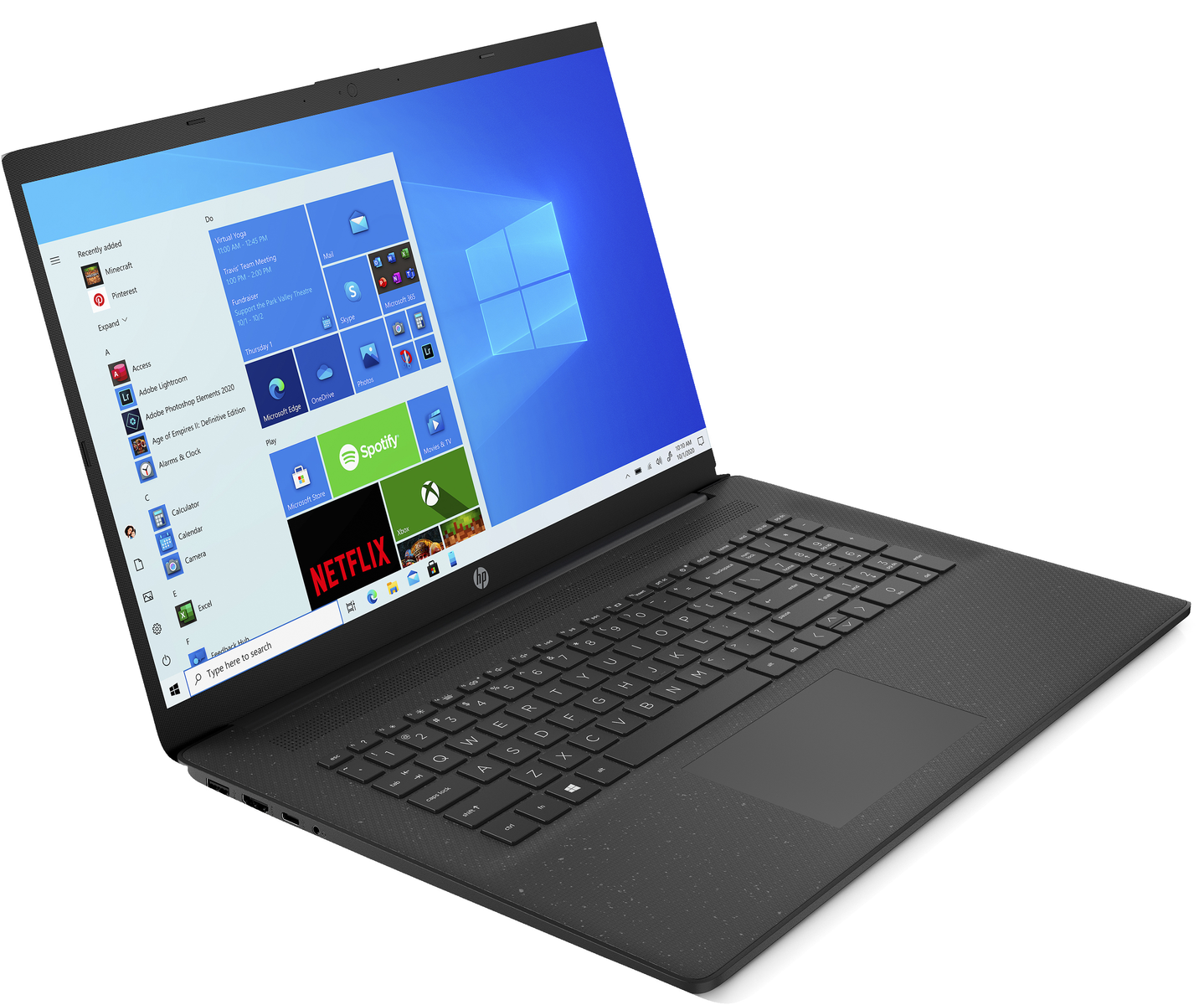 Schwarzer Laptop mit Windows-Oberfläche. Tastatur sichtbar. HP-Logo auf dem Deckel.