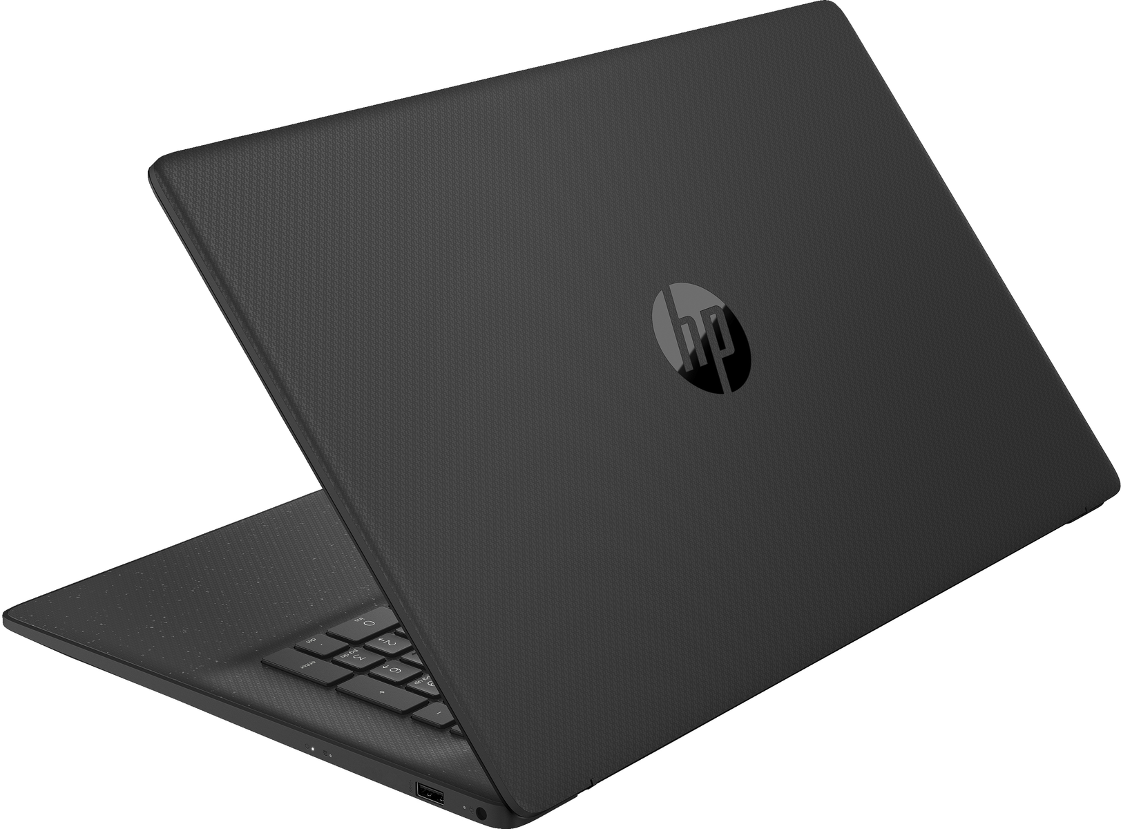 Schwarzer Laptop mit HP-Logo auf der Rückseite, leicht geöffnet und abgewinkelt.