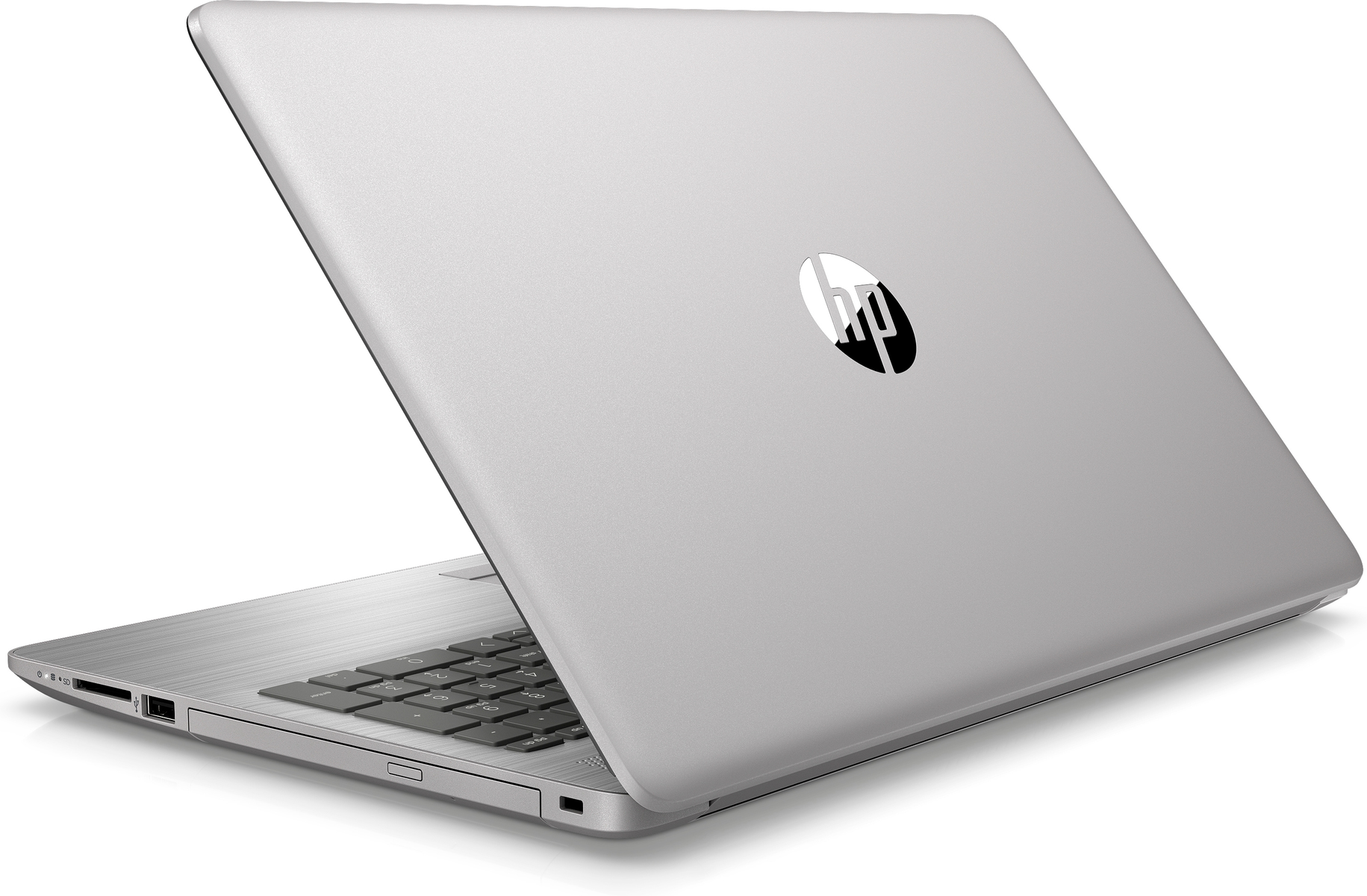 Ein silberner Laptop mit HP-Logo auf der Rückseite, leicht geöffnet.
