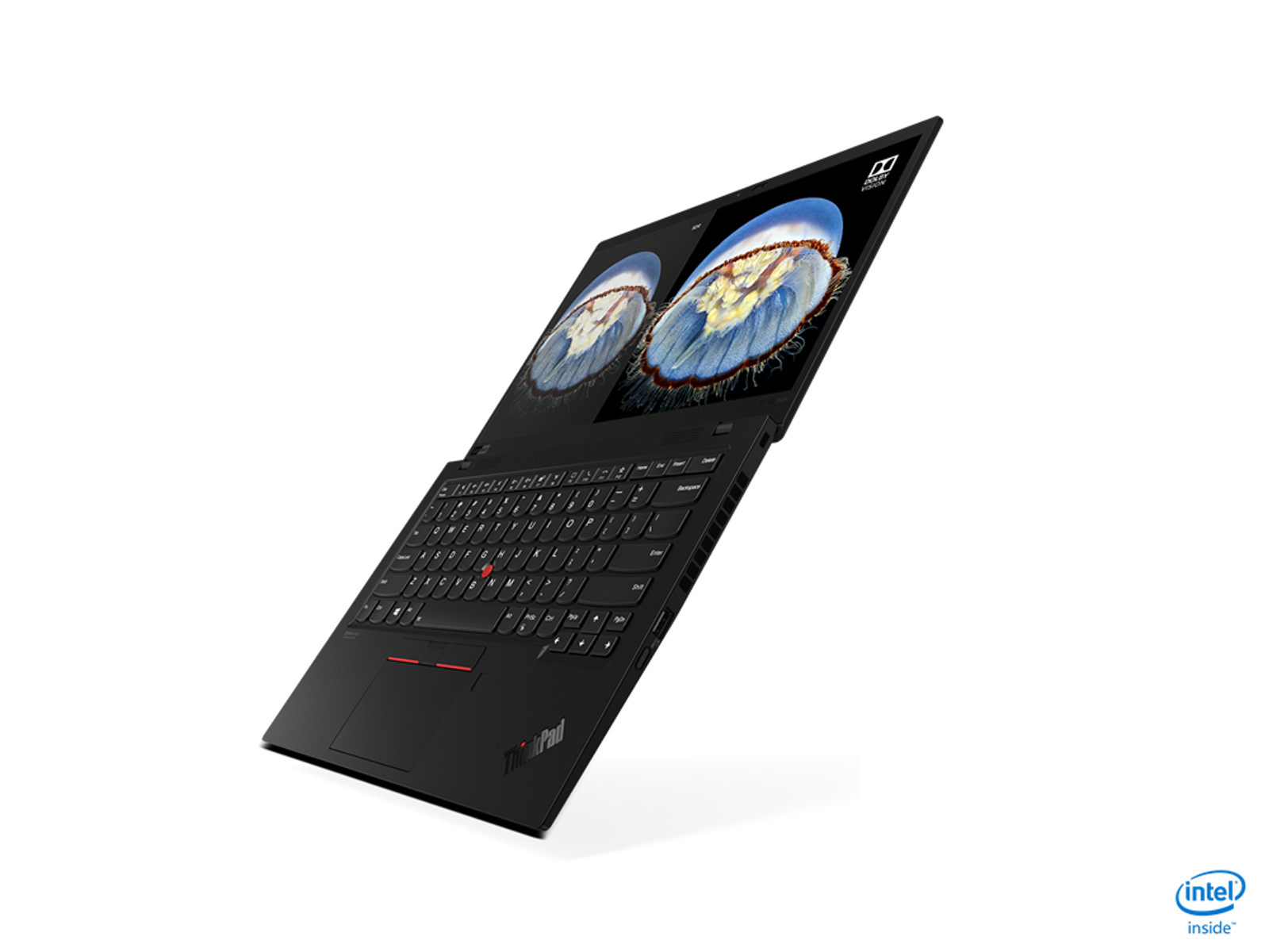 Ein schwarzer Laptop mit rotem Trackpoint, angewinkelt geöffnet, wobei der Bildschirm ein blau-weißes Bild zeigt.