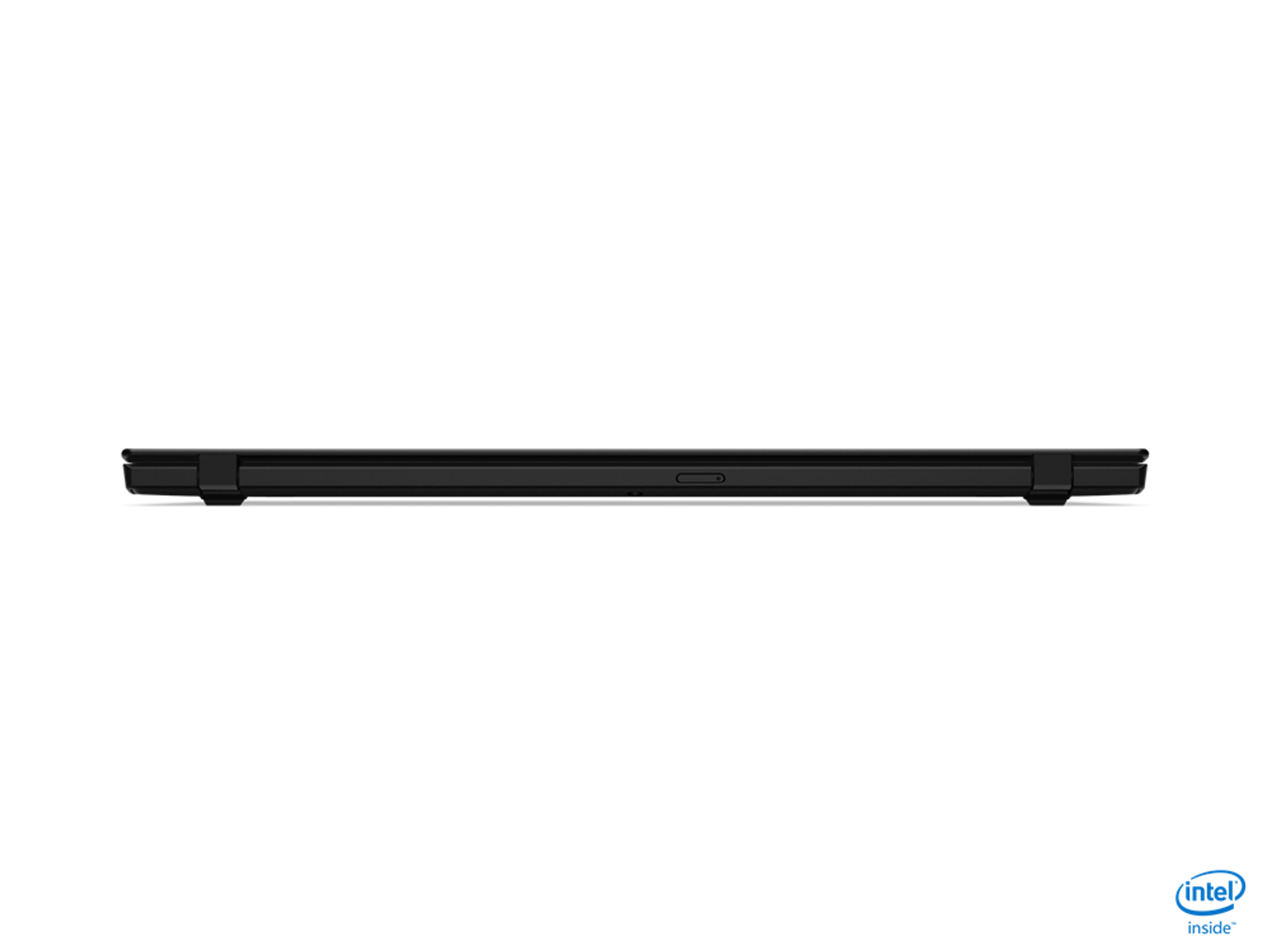 Seitenansicht eines geschlossenen schwarzen Laptops mit dünnem Profil auf weißem Hintergrund, Intel inside.