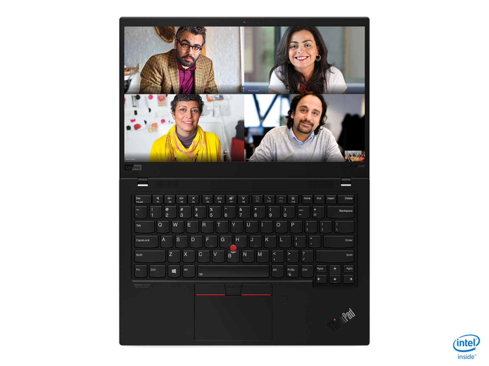 Schwarzer Laptop geöffnet, Bildschirm zeigt Videoanruf mit vier Personen.