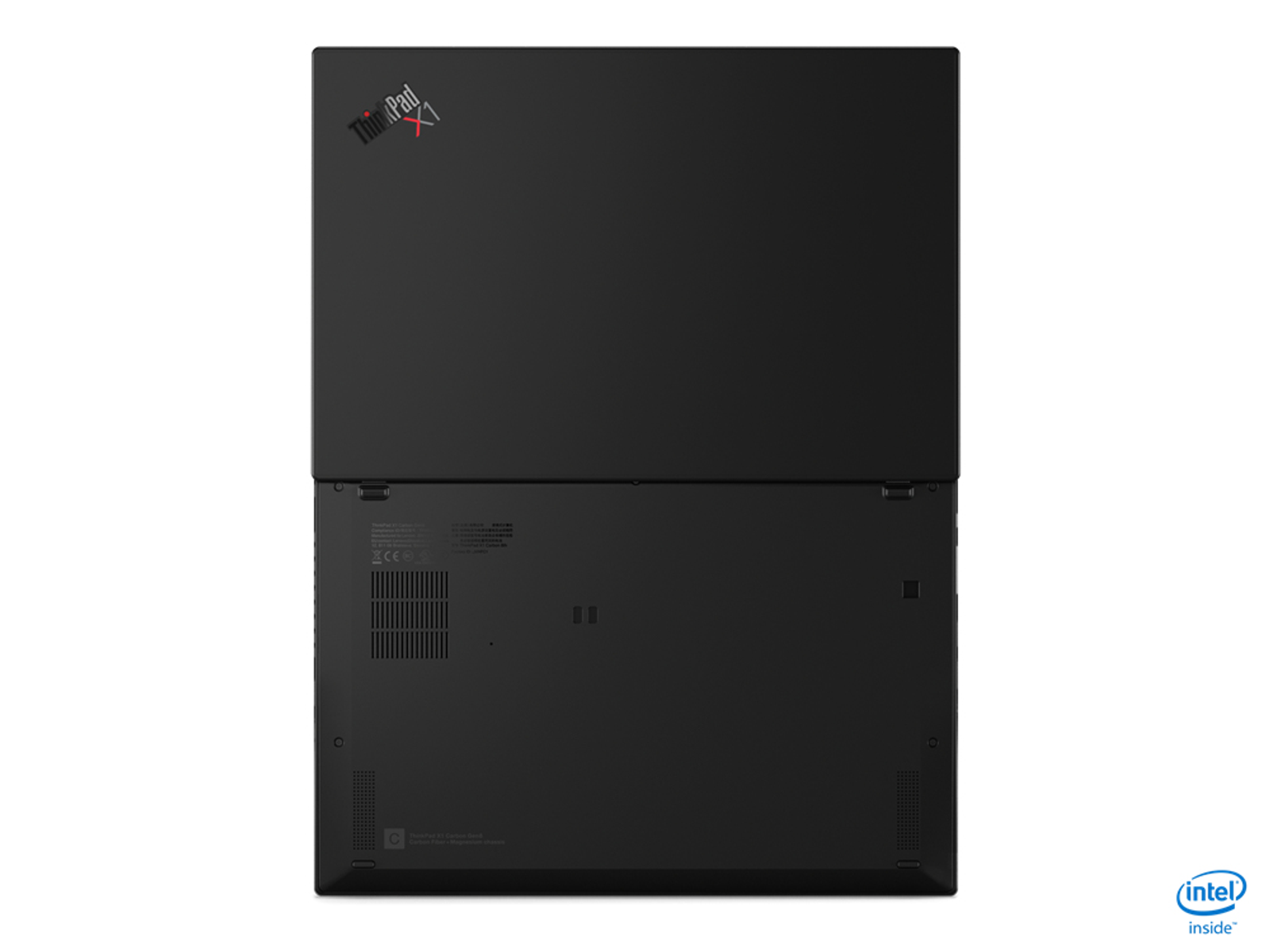 Schwarzer ThinkPad-Laptop, Unterseite und Deckel sichtbar, mit Logo, auf weißem Hintergrund.