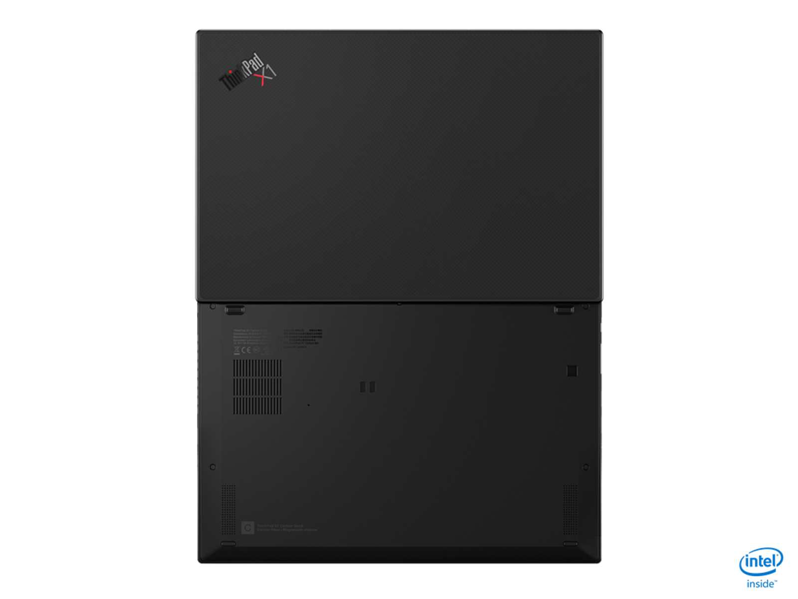 Schwarzer Lenovo ThinkPad Laptop, geöffnet. Die Ober- und Unterseite des Laptops. Weißer Hintergrund.