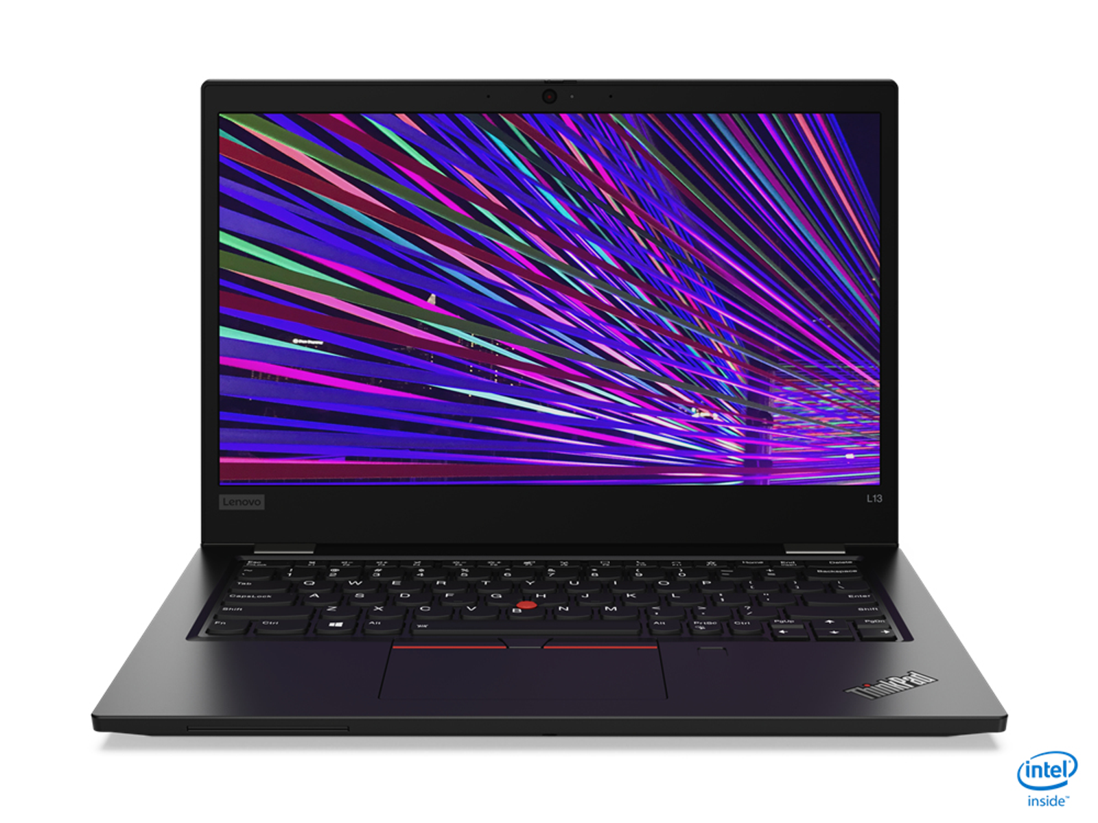 Schwarzer Lenovo-Laptop geöffnet, mit farbenfrohem Bildschirm. Tastatur sichtbar, mit Intel inside Logo.