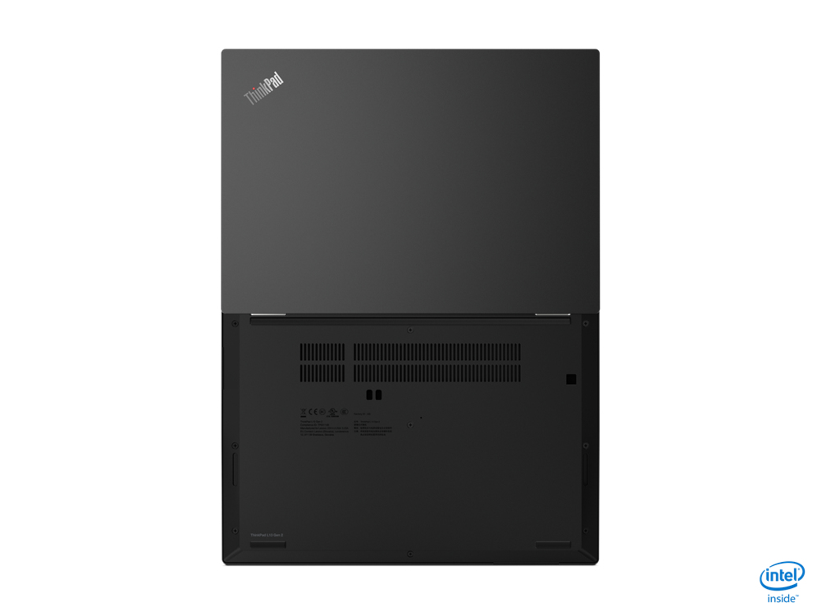 Unteransicht eines schwarzen Lenovo ThinkPad Laptops, zeigt die Anschlüsse und die Unterseite.