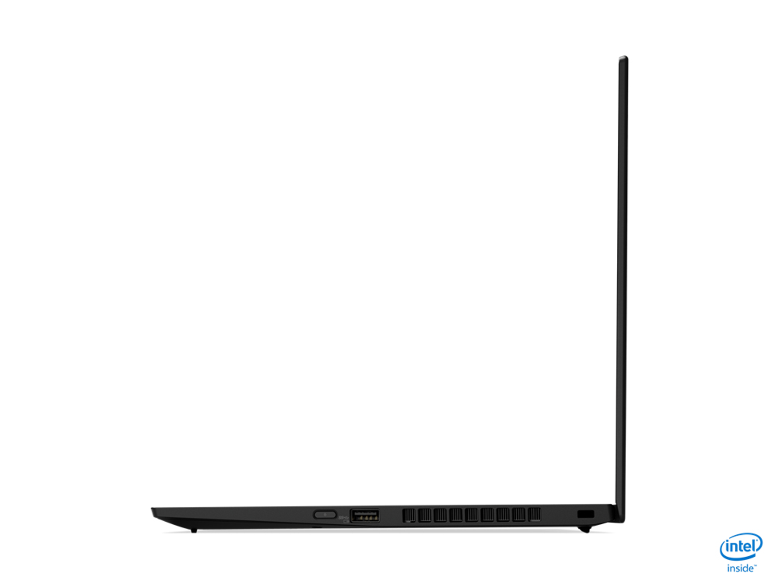 Seitenansicht eines schwarzen Laptops. Zeigt die Seite mit Ein-/Aus-Taste und Anschlüssen.