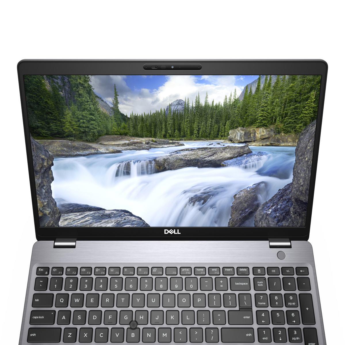 Ordenador portátil con pantalla que muestra una escena de cascada. El teclado es visible.