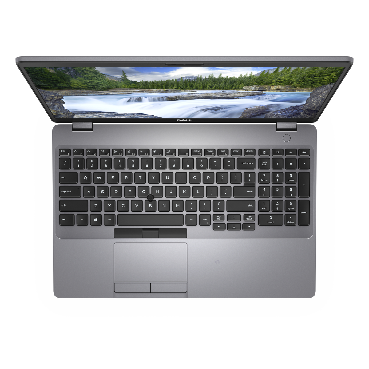 Portátil Dell gris, abierto, vista superior, mostrando teclado y pantalla con escena de naturaleza. Fondo blanco.