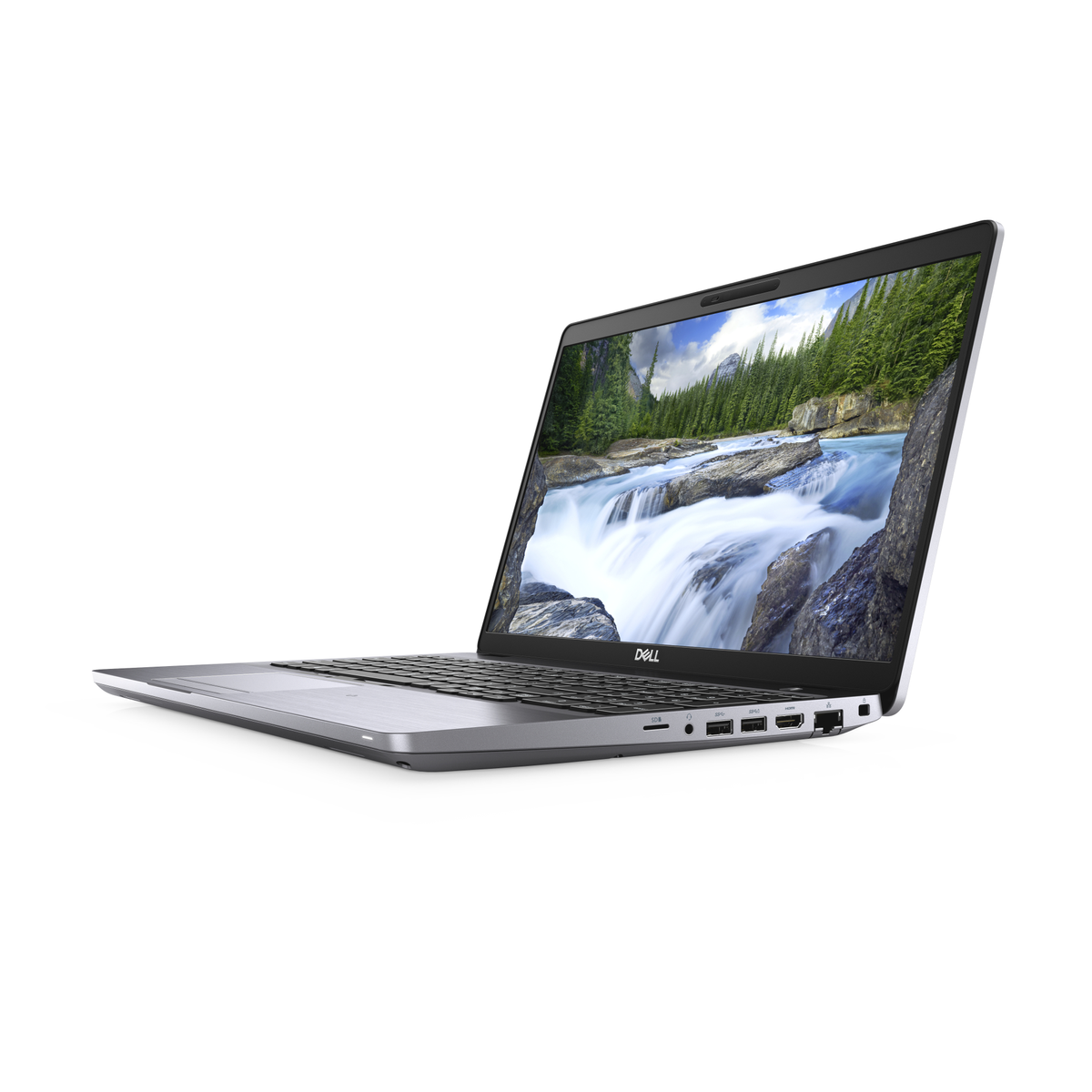 Laptop plateado, abierto, mostrando una escena de cascada. El logo de Dell es visible. Fondo blanco.