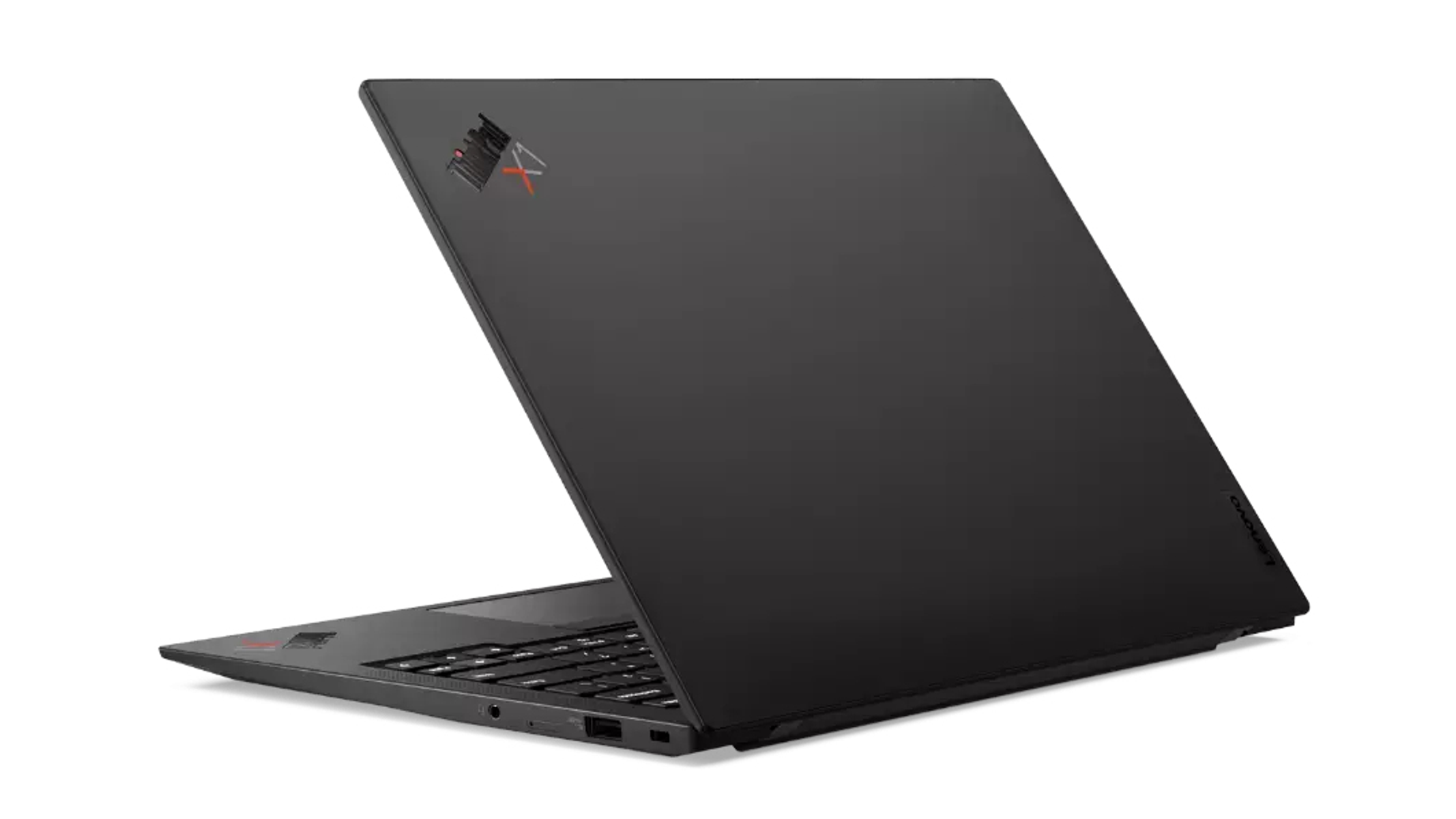 Schwarzer Laptop, teilweise geöffnet, Tastatur sichtbar. Lenovo-Logo oben links.