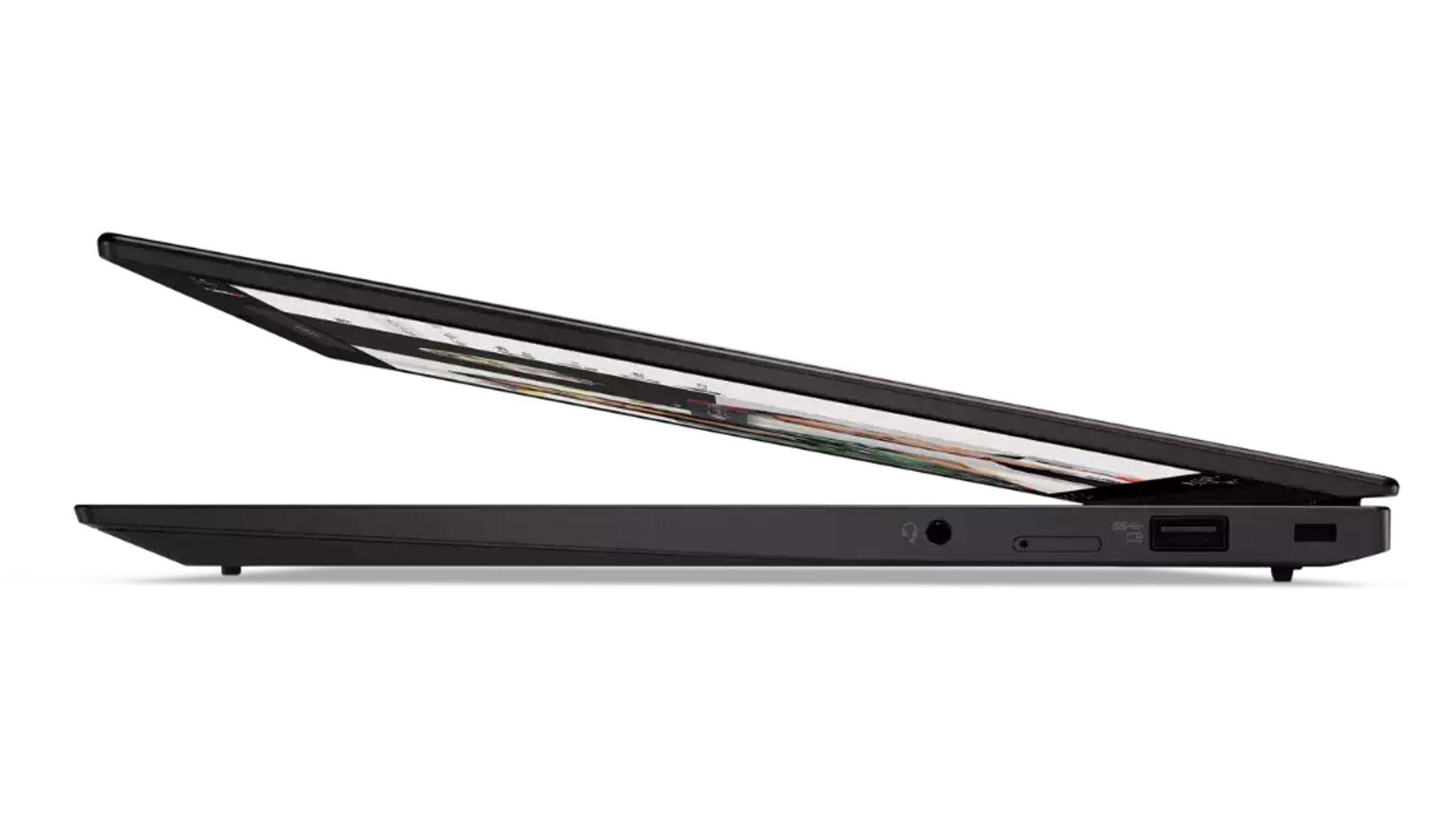 Ein schwarzes Laptop von der Seite gesehen, teilweise geöffnet. Der Bildschirm zeigt ein Bild.