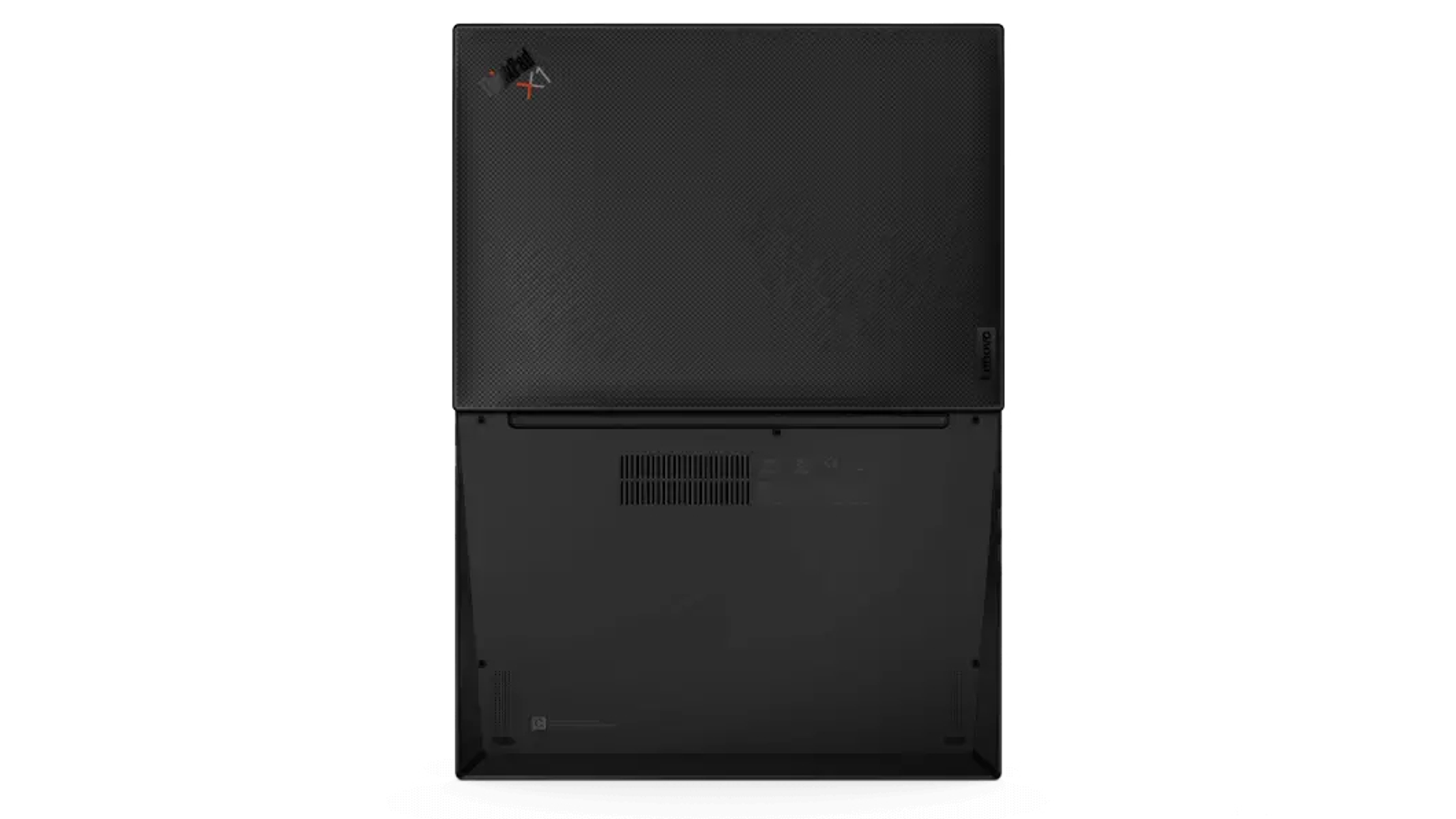 Laptop-Unteransicht. Der Boden ist schwarz mit einem Lenovo-Logo und Belüftungsöffnungen. Die Oberfläche ist auch schwarz.