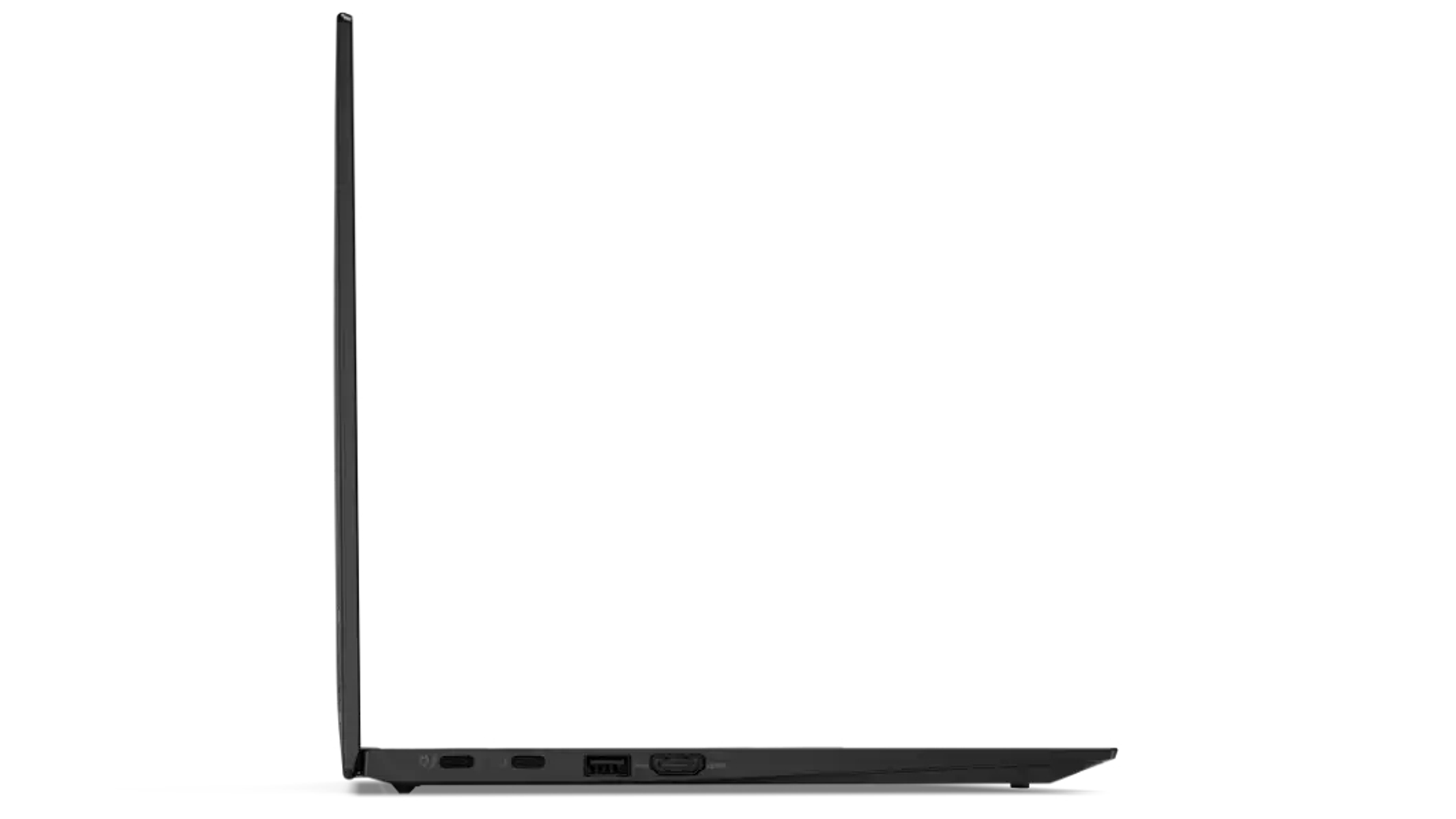 Schwarzer Laptop von der Seite. Die Anschlüsse sind sichtbar. Weißer Hintergrund.