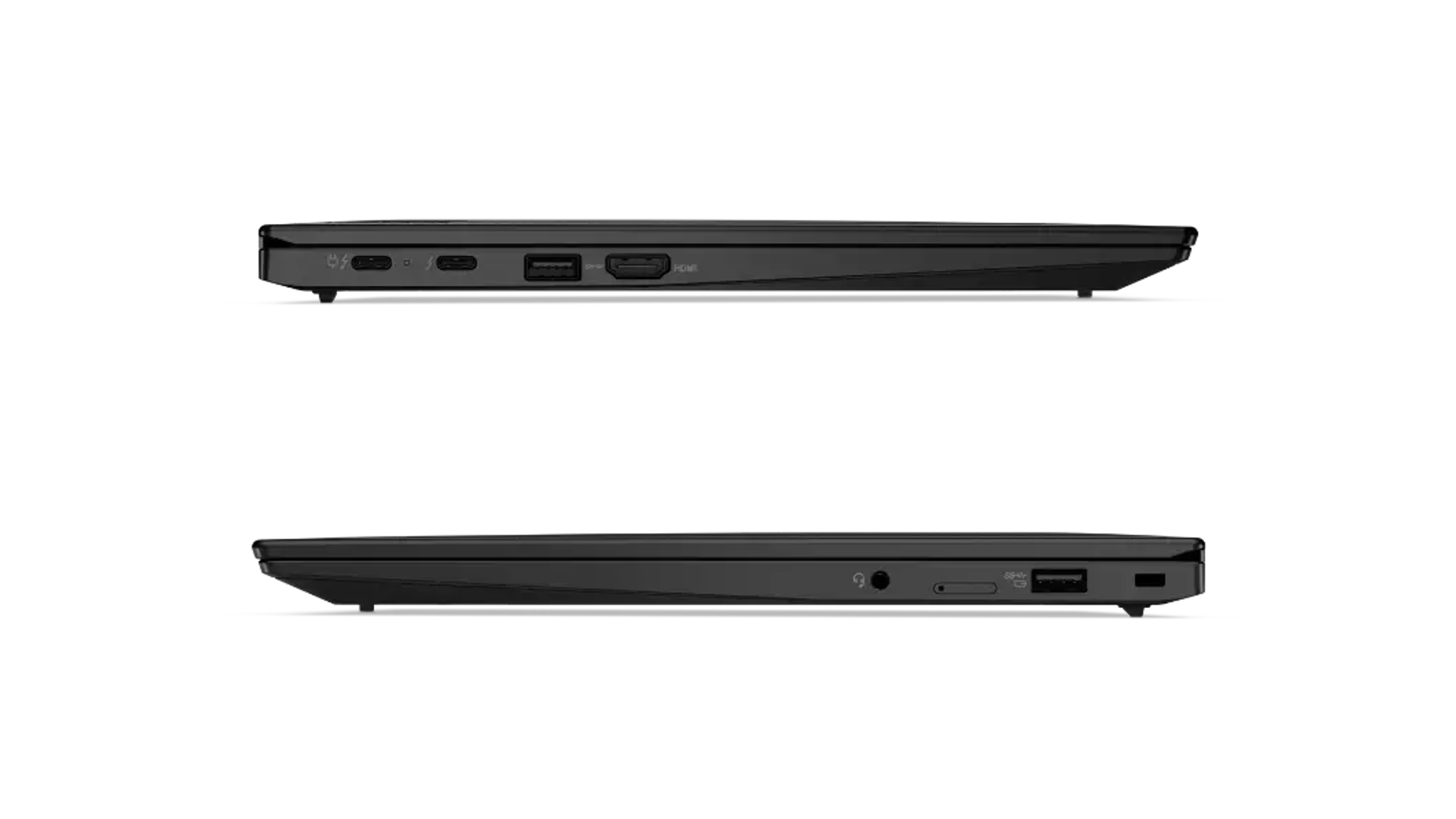 Zwei schwarze Laptops, die die Seite mit Anschlüssen zeigen, auf weißem Hintergrund positioniert.