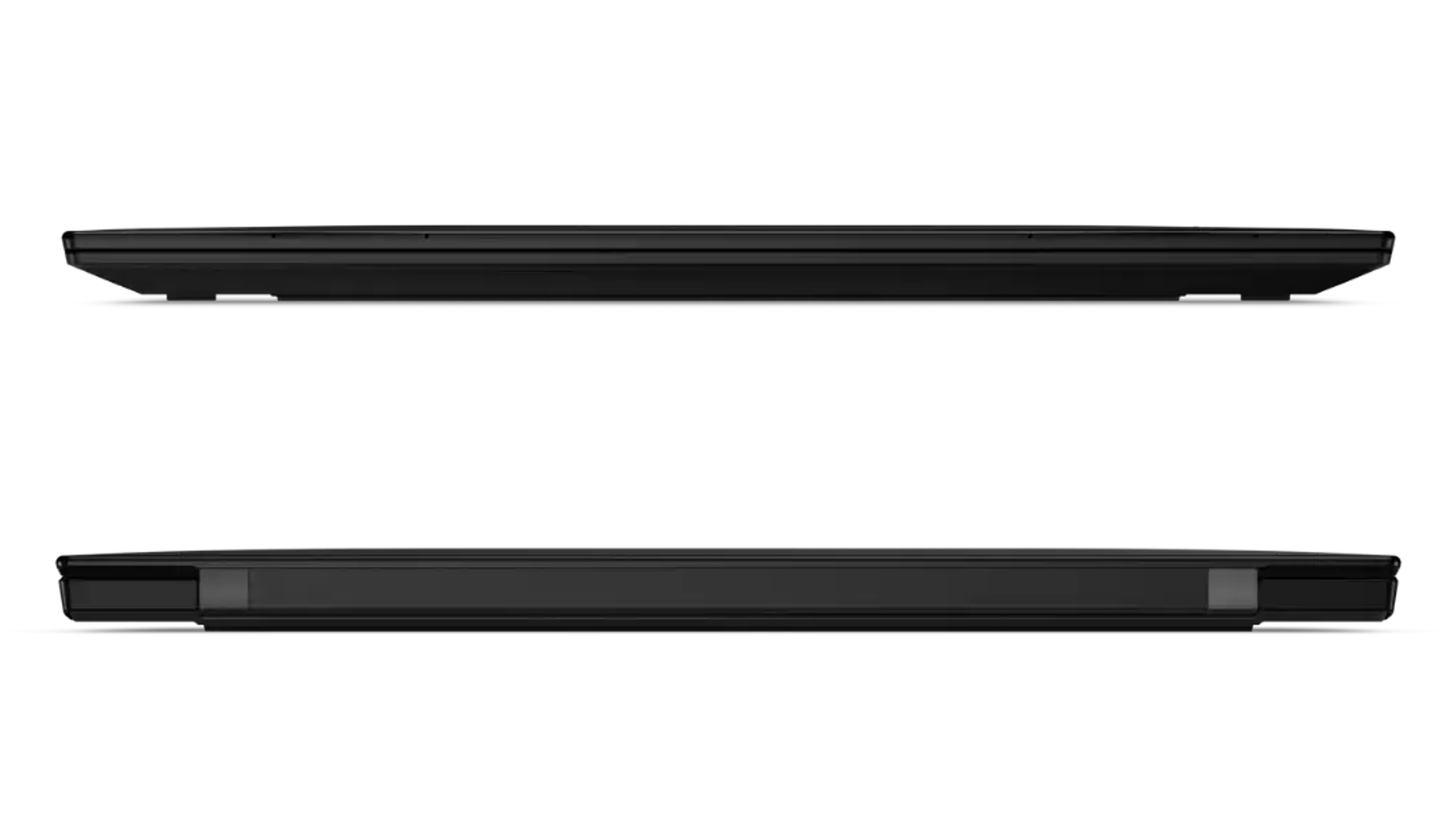 Zwei schwarze Laptops von der Seite betrachtet. Der untere ist leicht erhöht. Weißer Hintergrund.
