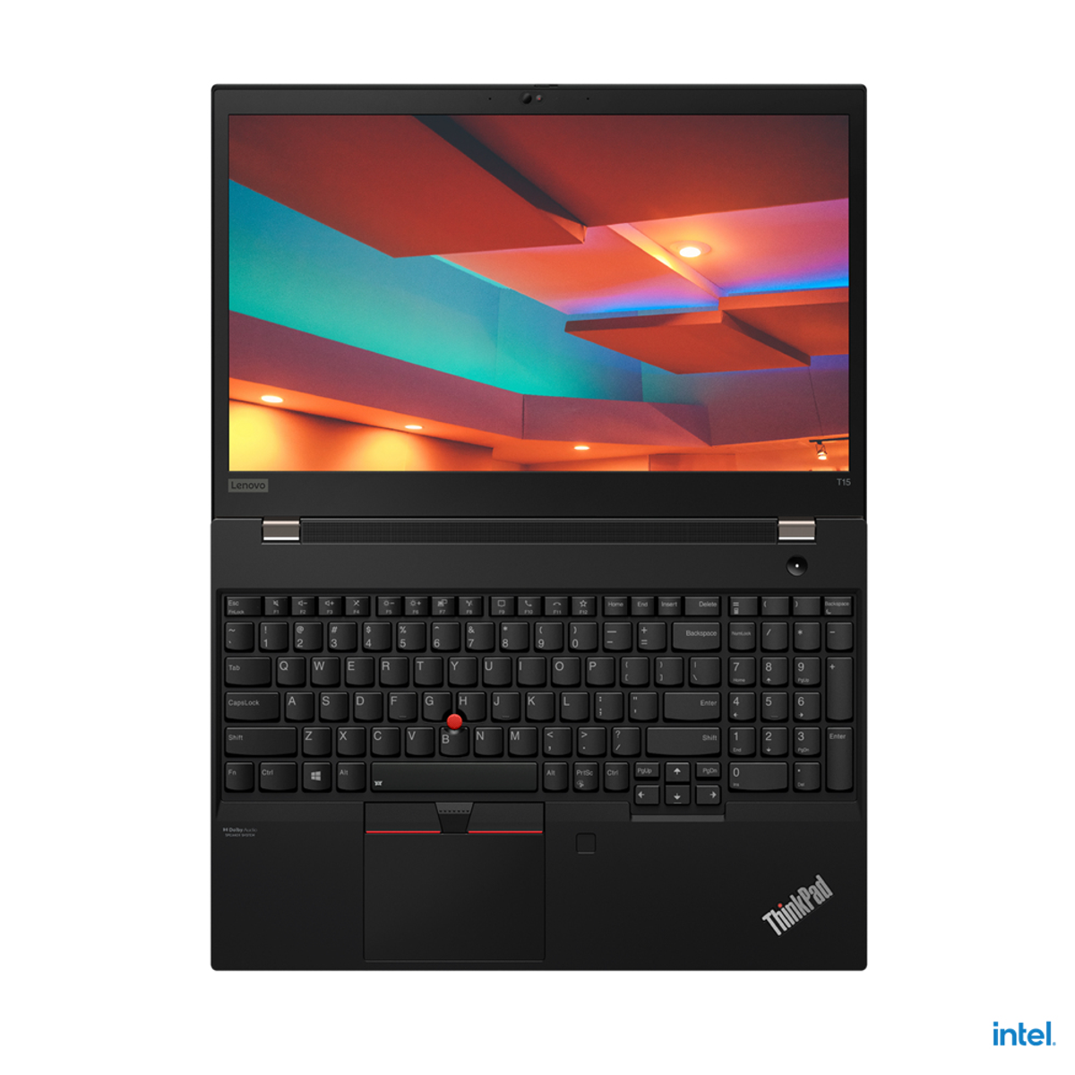 Offener schwarzer Laptop. Tastatur ist im Fokus. Markenname Lenovo oben, ThinkPad unten.