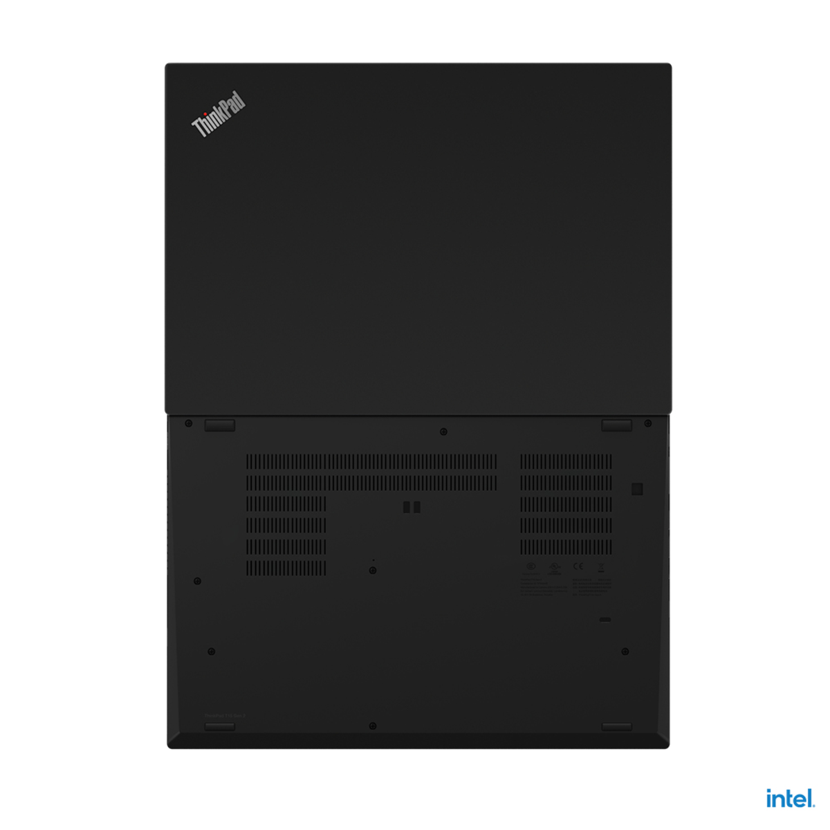 Ein schwarzer Laptop, von oben betrachtet. Das ThinkPad-Logo ist sichtbar. Der Boden zeigt Lüftungsschlitze.