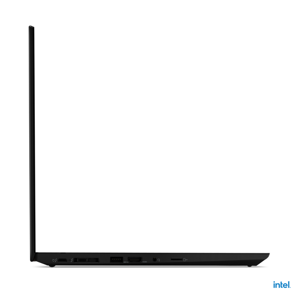 Seitenansicht eines schwarzen Laptops, die Anschlüsse an der Seite zeigt.