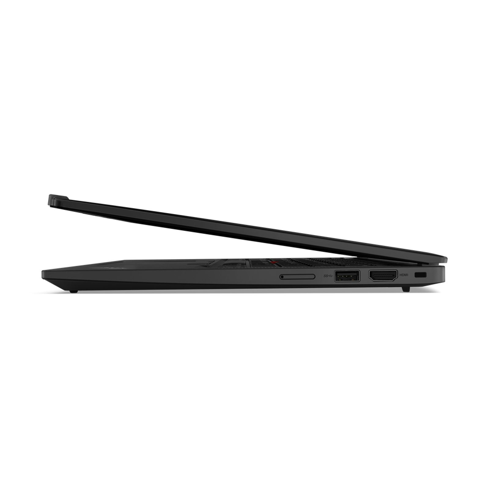 Ein schwarzer Laptop, Seitenansicht, geschlossen. Die Seite hat Anschlüsse.
