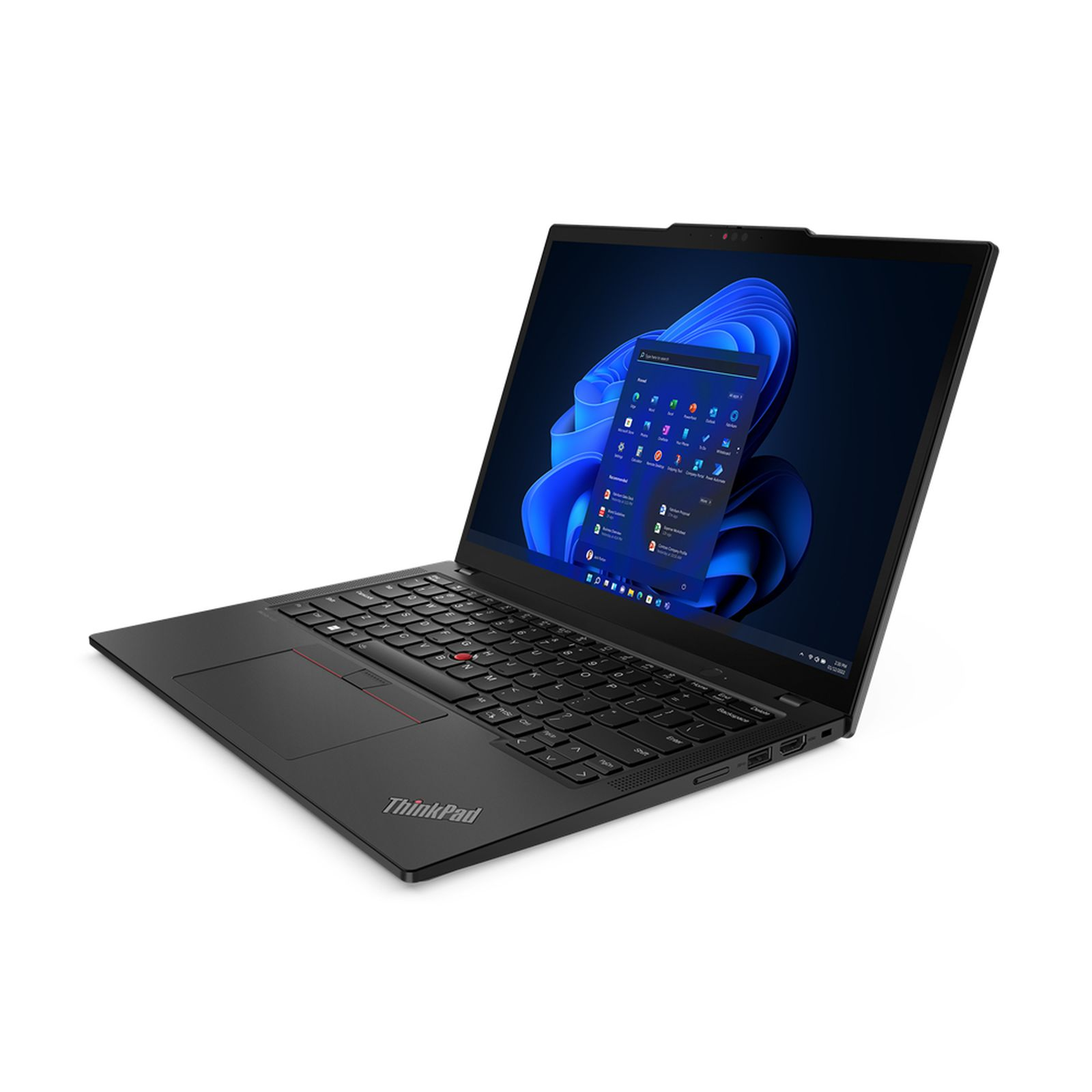 Schwarzer Laptop, geöffnet, zeigt einen Windows-Startbildschirm.