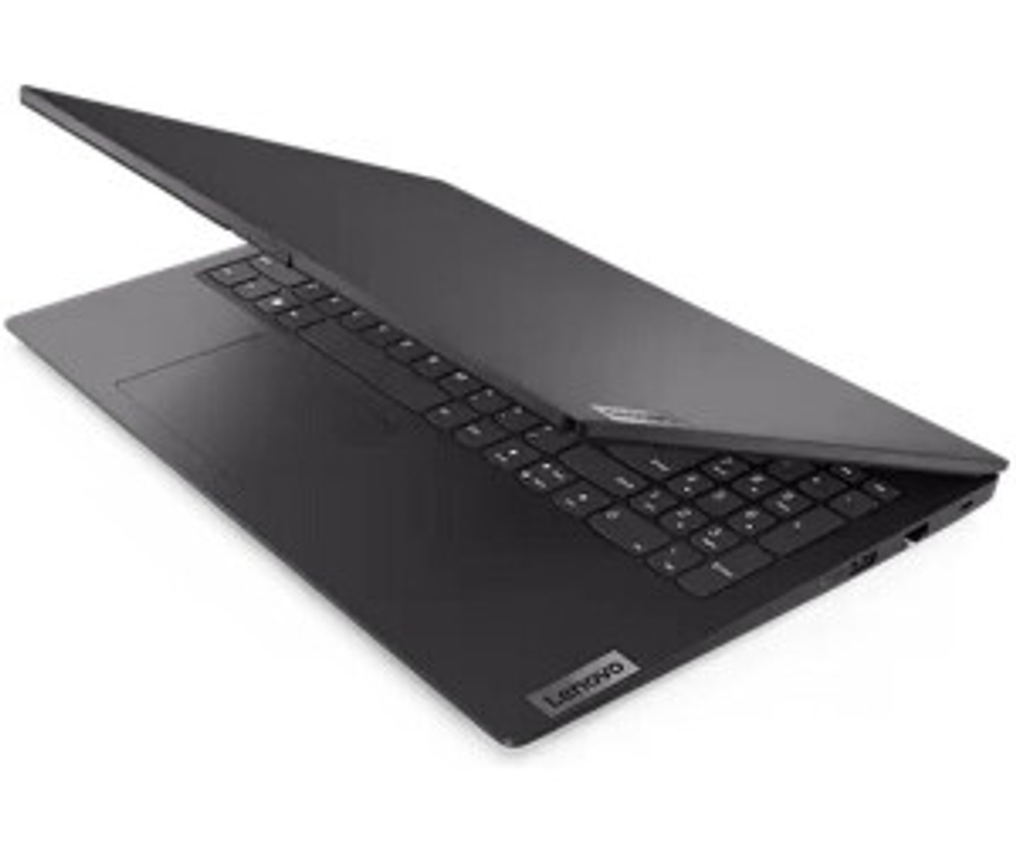Schwarzer Laptop, Lenovo-Logo sichtbar, in einem Winkel geöffnet. Weißer Hintergrund.