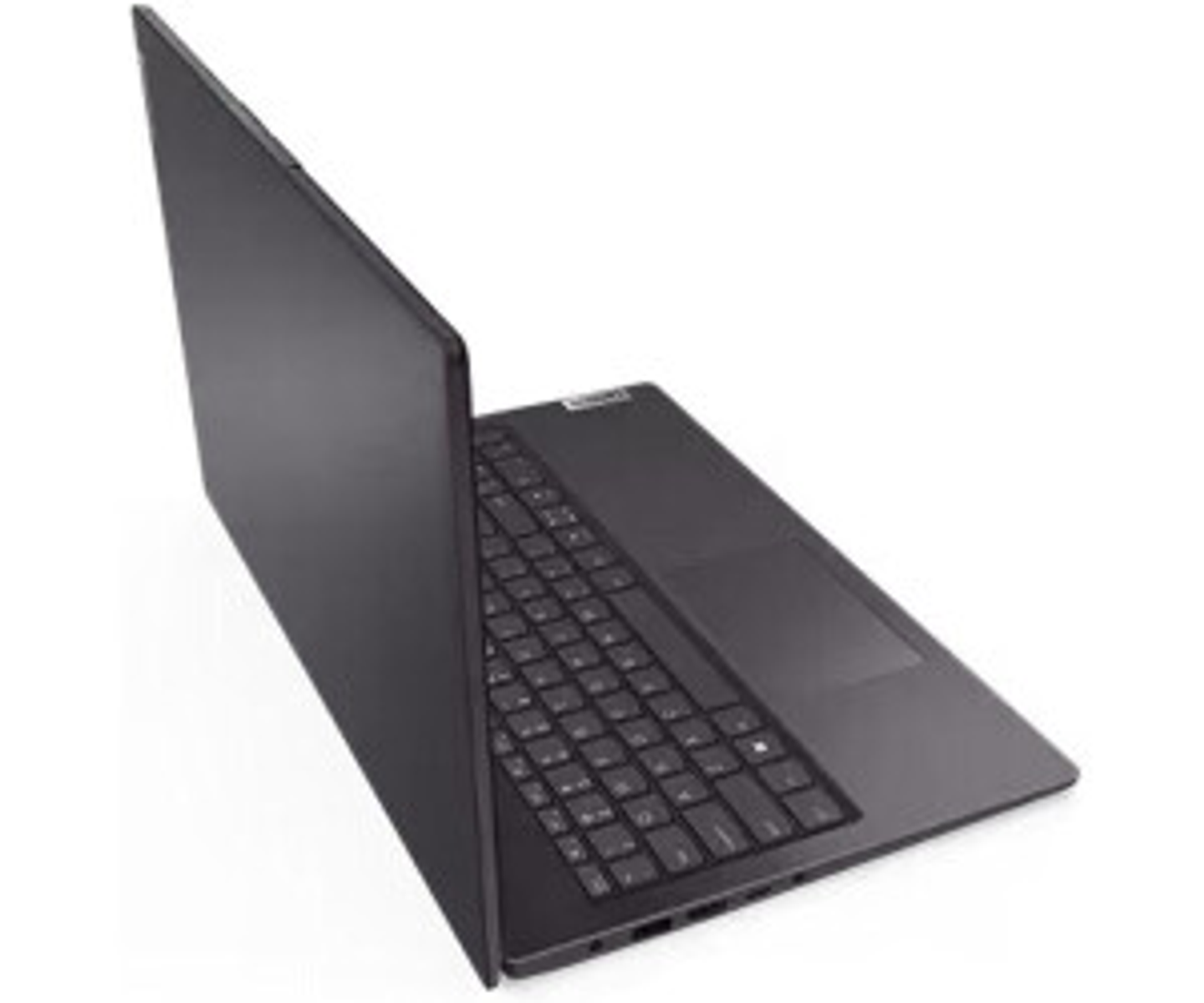 Schwarzer Laptop, leicht geöffnet, schräge Ansicht.